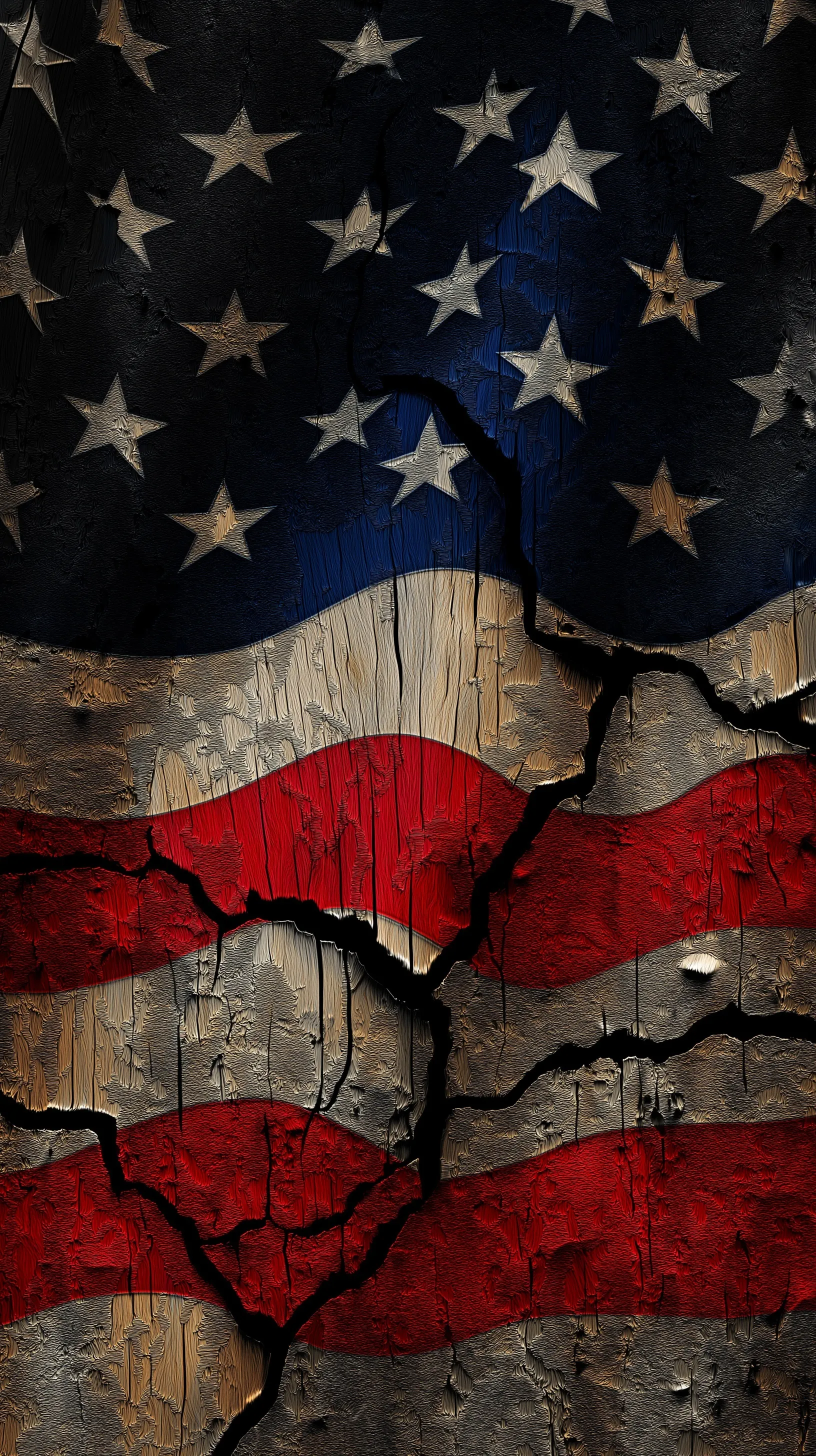 A hyper-realistic 8K mobile wallpaper of a weathered American flag with cracked edges against a dark background.