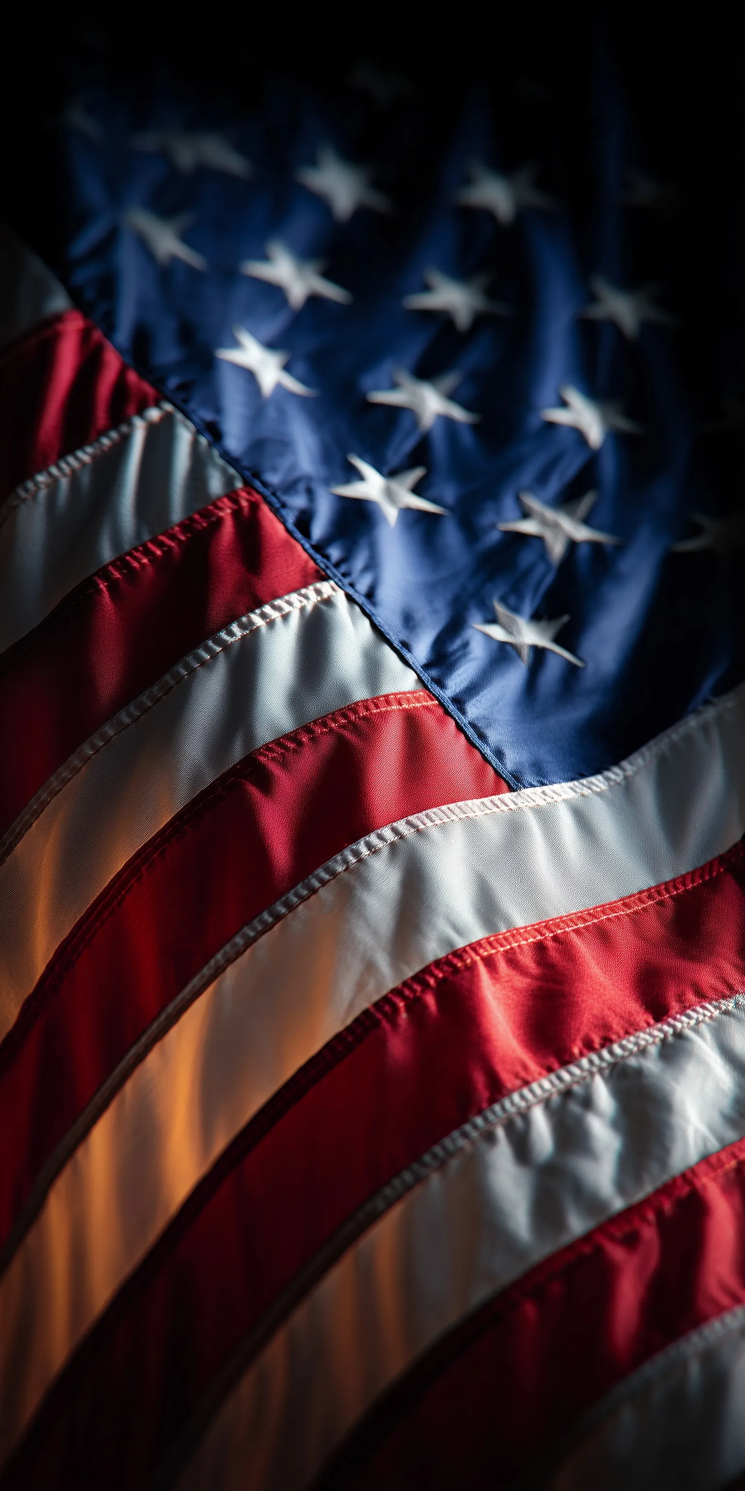 A high-definition, close-up shot of a glimmering American flag waving proudly in the wind, full-frame view.