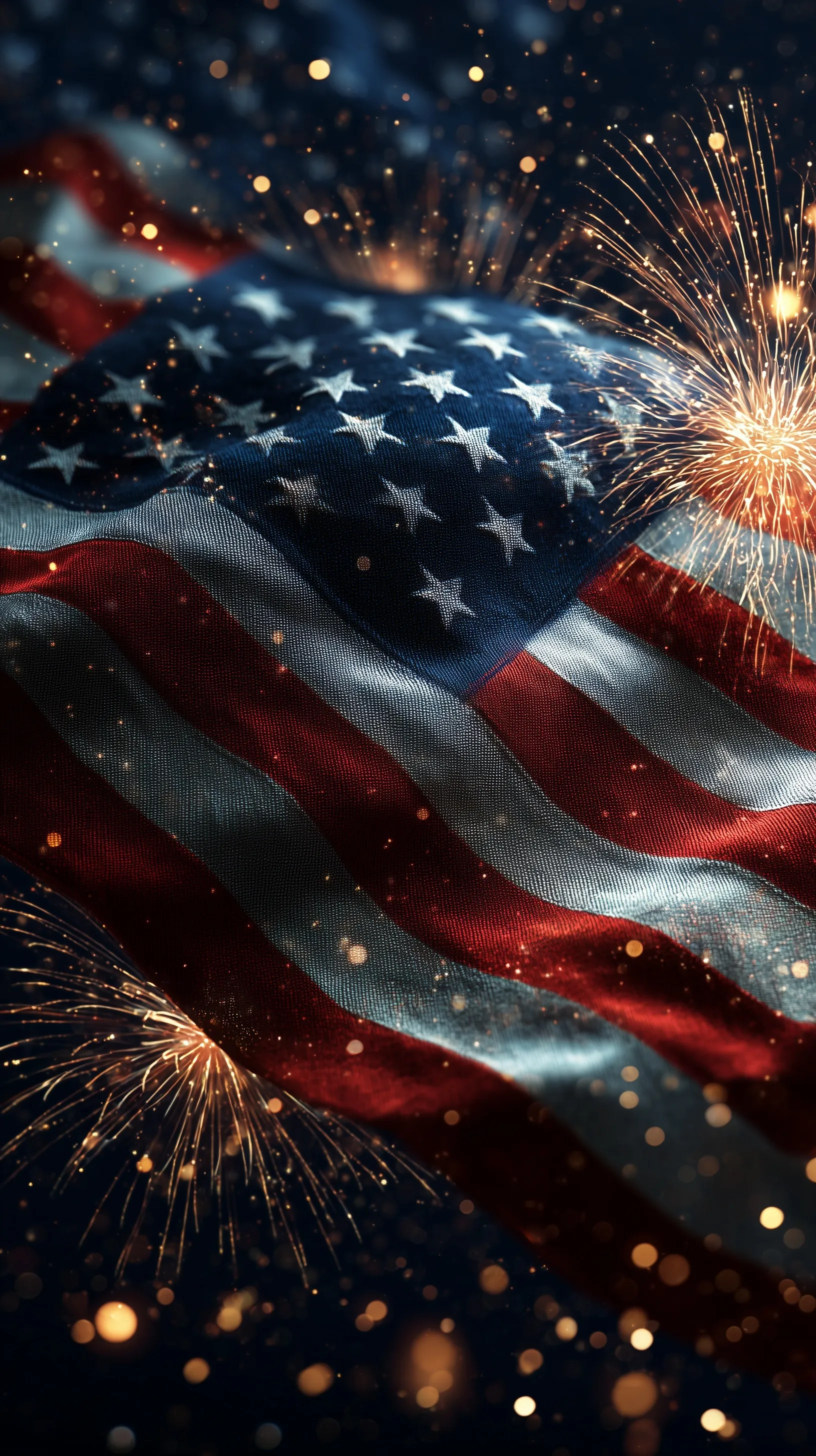 A 3D rendered American flag waving against a backdrop of festive 4th of July fireworks, high-quality HD stock photo.