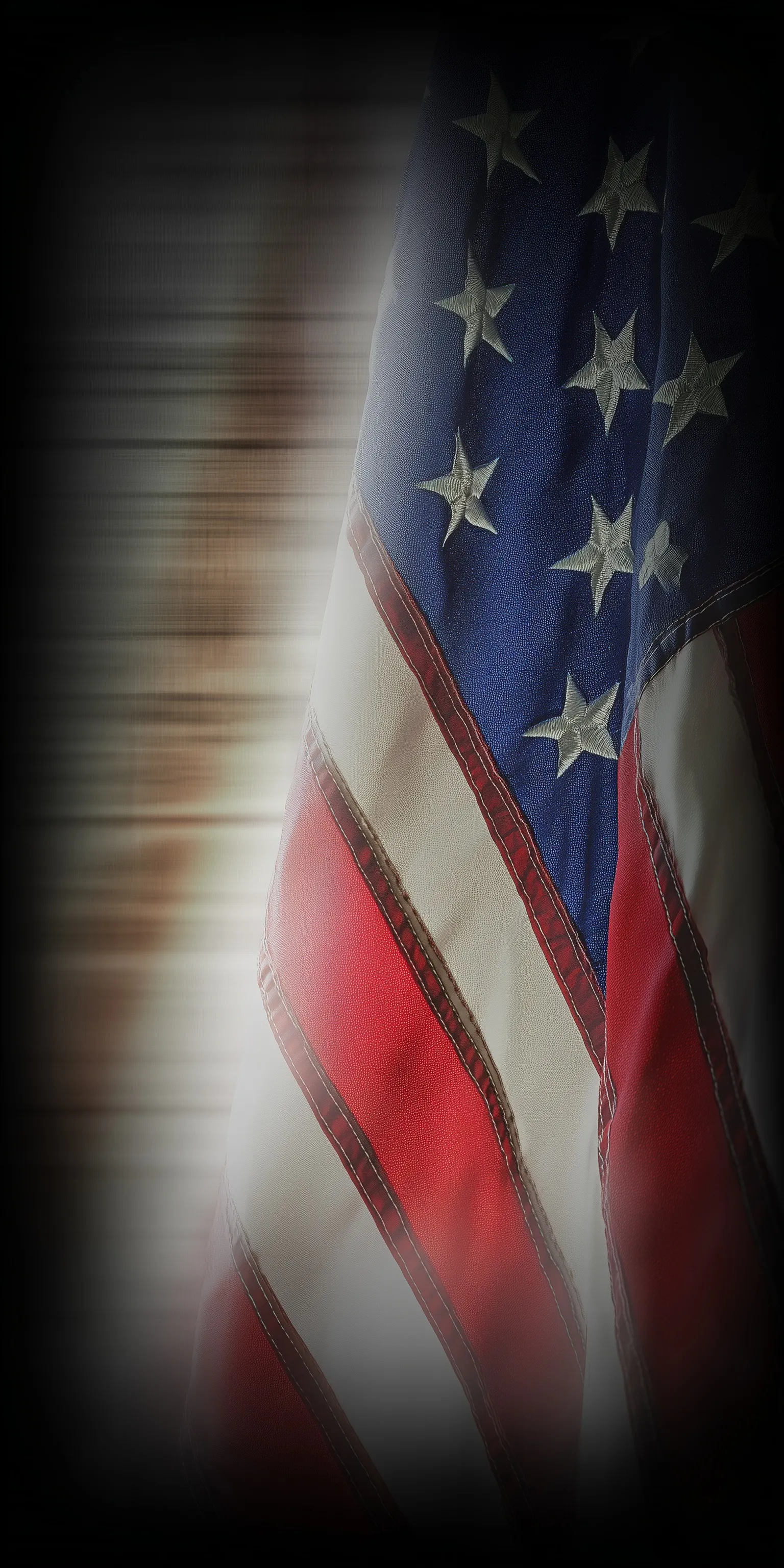 Cinematic, high-definition view of the White House with a faded, nostalgic American flag in a movie poster style.