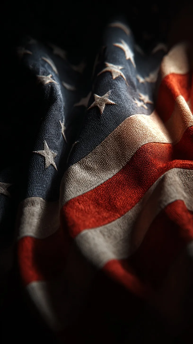 Close-up of an American flag with cinematic lighting, 4K resolution, high-quality patriotic stock photography.