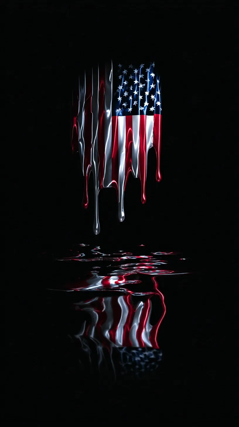 A 3D chrome American flag melting into a liquid glass puddle against a pure AMOLED black background.
