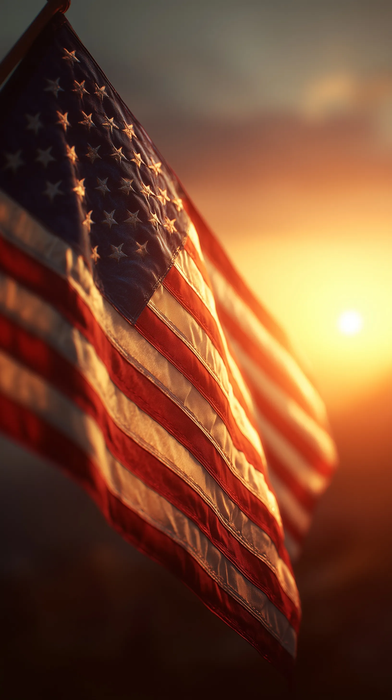A cinematic close-up of an American flag waving slowly at sunrise with soft golden light and atmospheric haze.