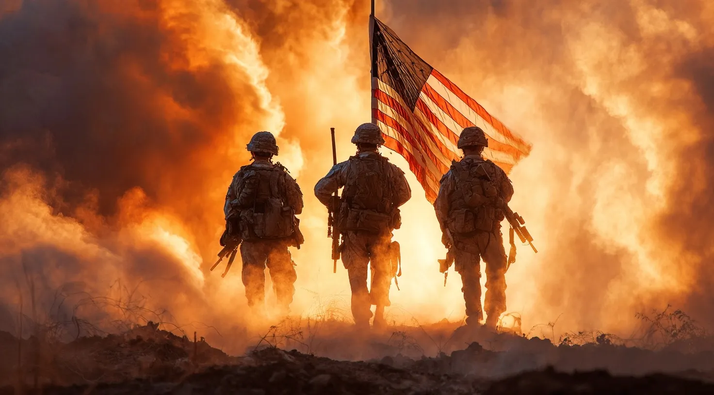 Three soldiers standing before a waving American flag on a smoky, epic battlefield at sunset.