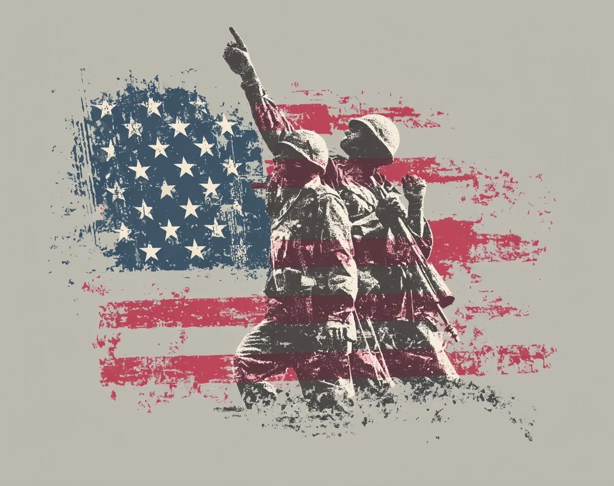 Vintage vector illustration of American flag with two soldiers raising hands in victory, minimalist monochrome style.