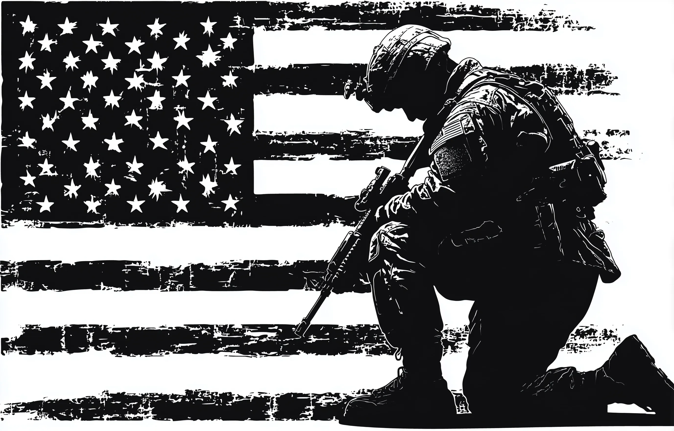 A black and white vector silhouette of a soldier kneeling before an American flag on a white background.