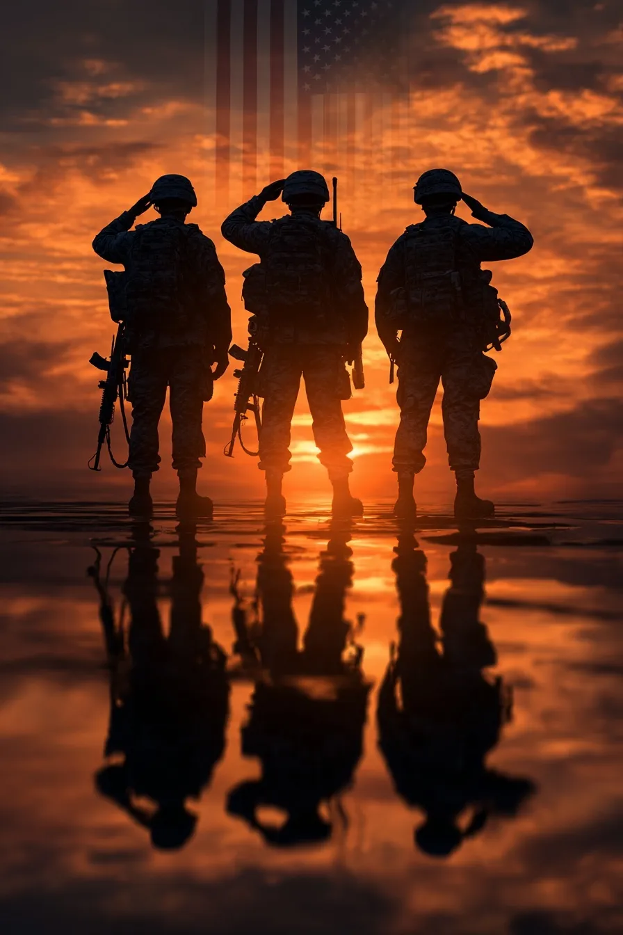 Three soldiers saluting in front of an American flag during a vibrant sunset, hyper-realistic photography.
