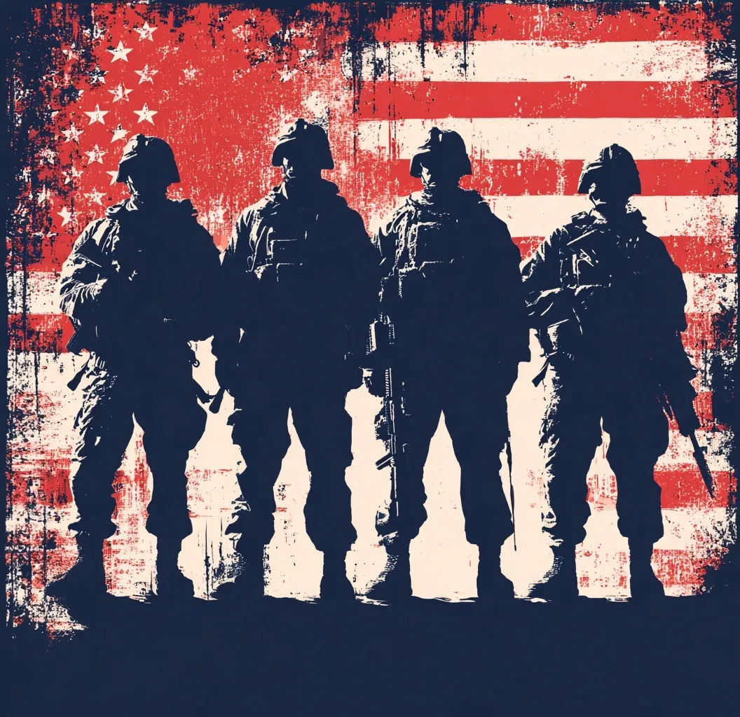 Silhouette of four soldiers standing before a vintage distressed American flag in a patriotic vector illustration.