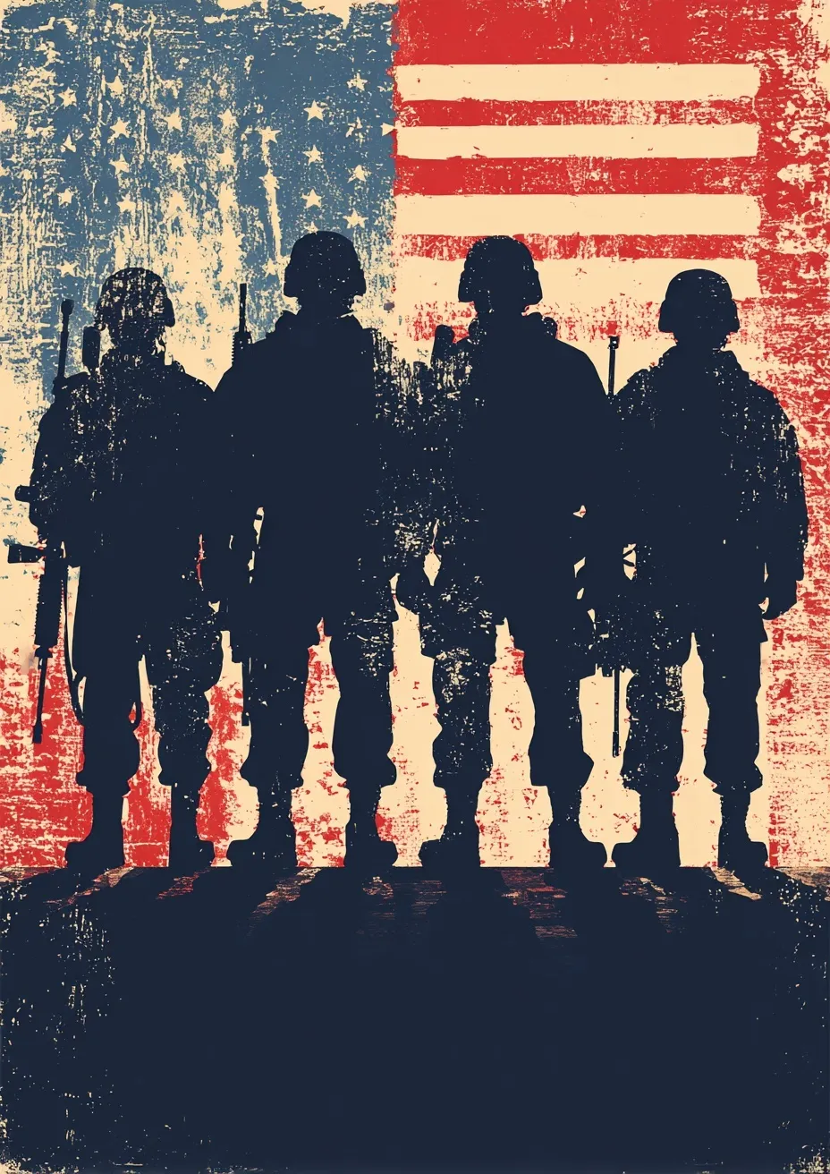 Silhouettes of four soldiers standing before a distressed vintage American flag in a patriotic graphic design.