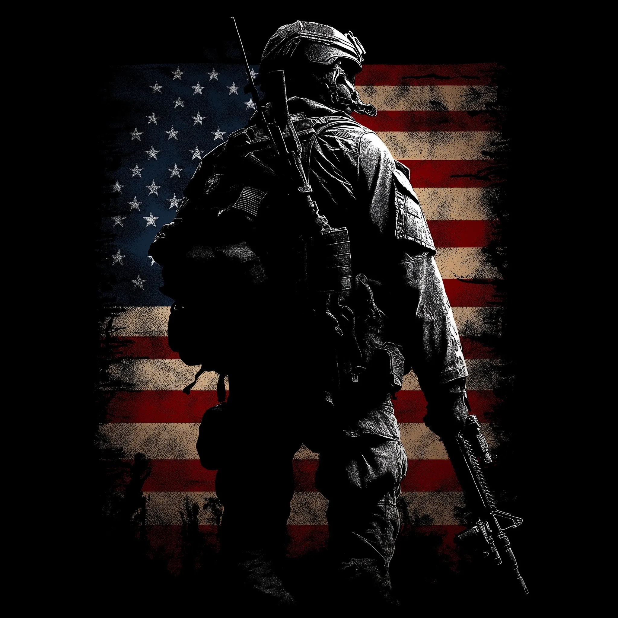 A photorealistic silhouette of an American soldier against a USA flag background, perfect for t-shirt design.