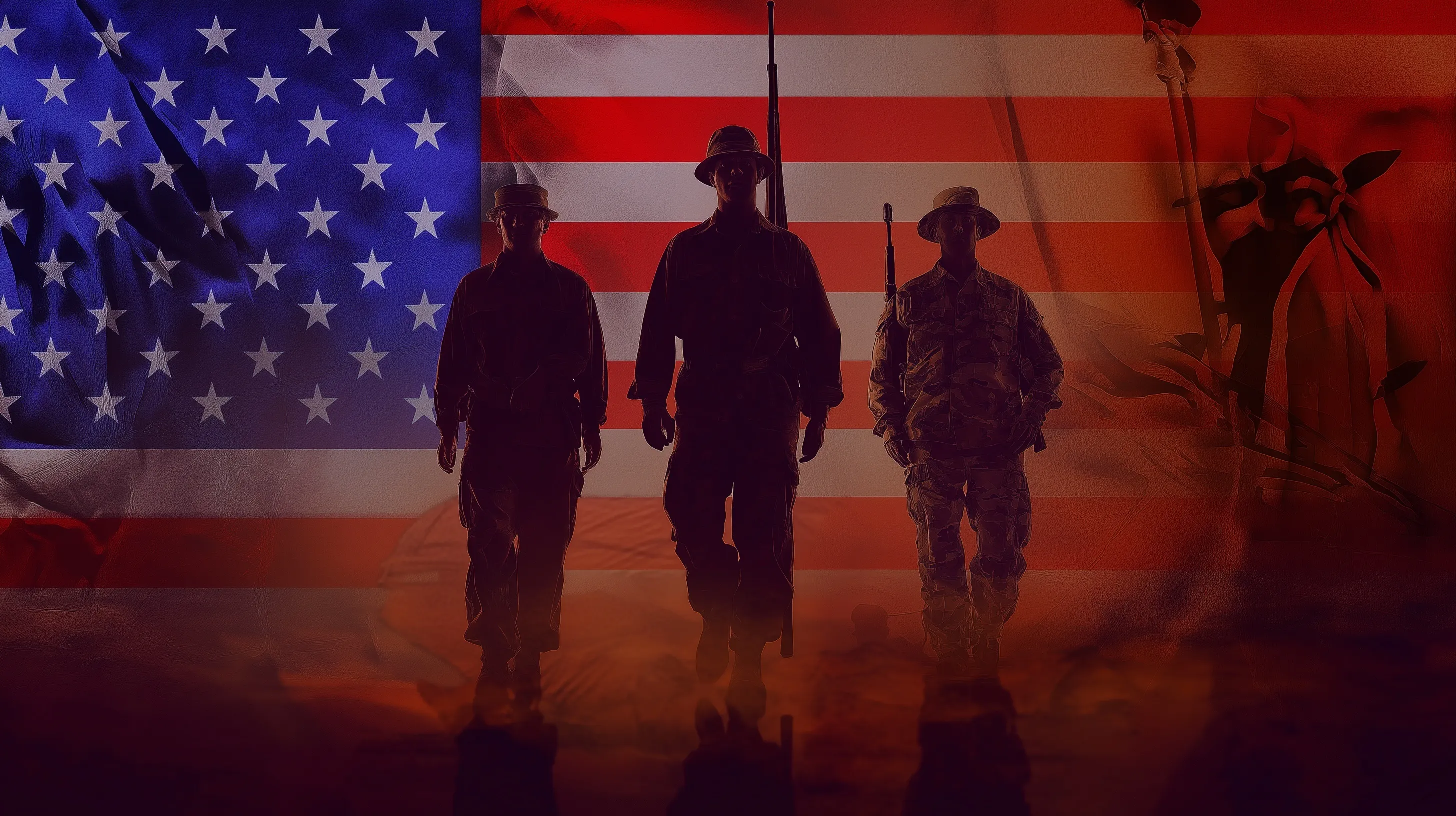 Soldiers standing in front of a waving American flag, symbolizing patriotism and honor for military veterans.