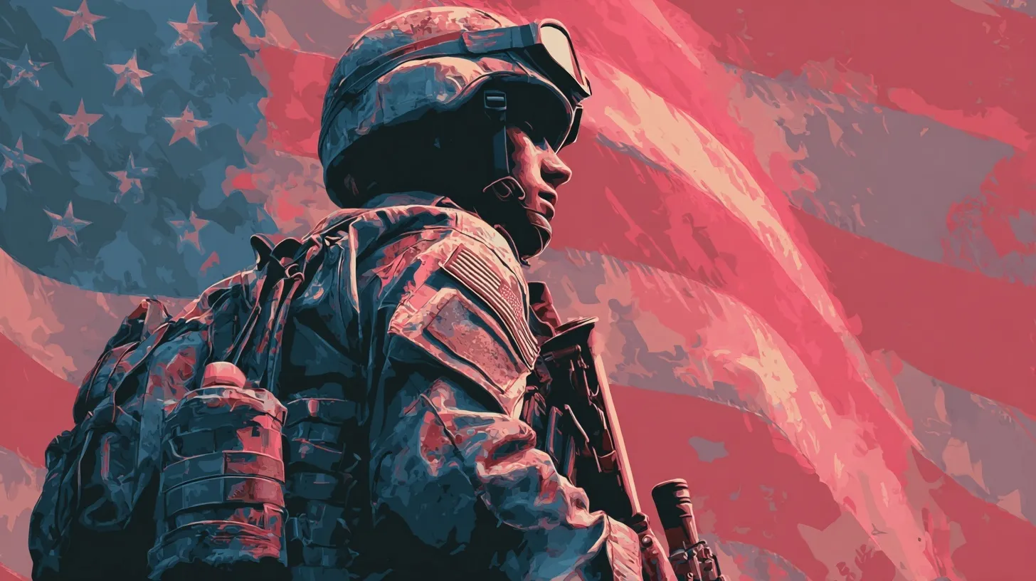American flag background with military elements and patriotic propaganda design for a bold poster style.