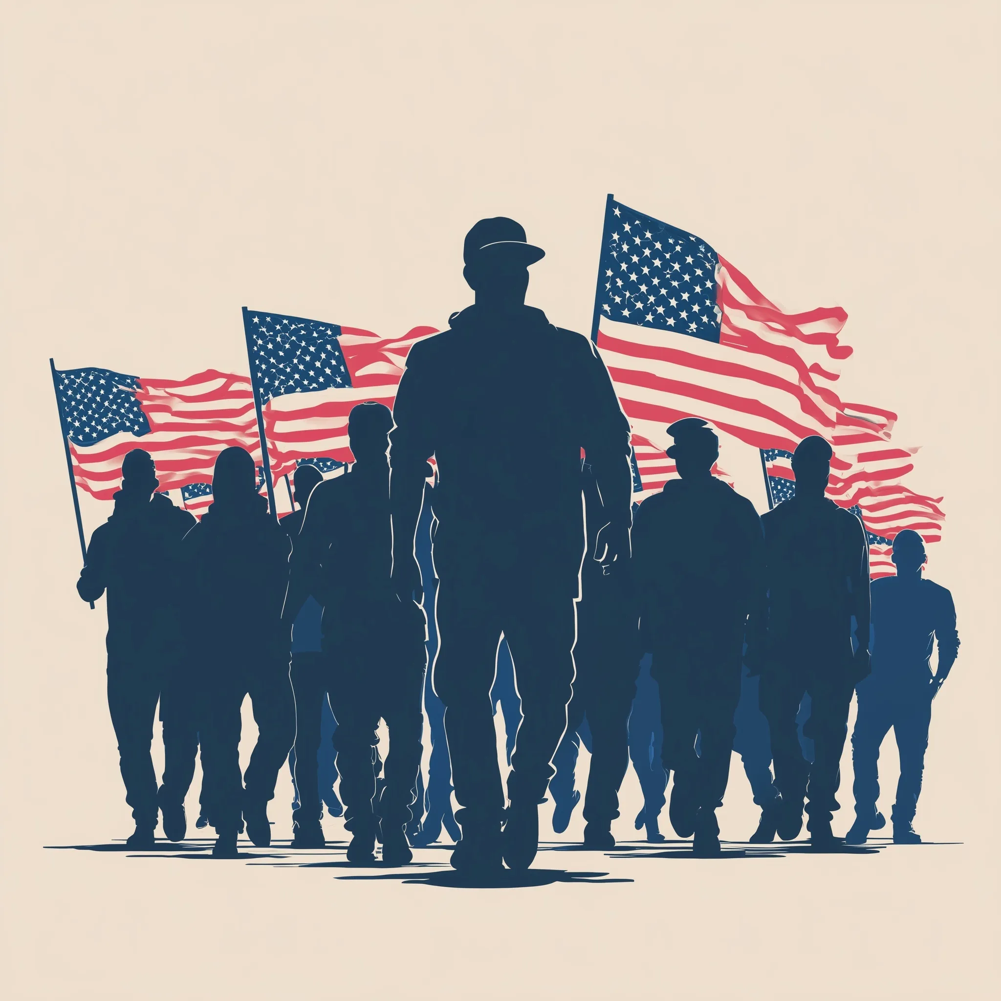 A silhouette of diverse people in casual clothes standing tall and holding American flags against a bright background.