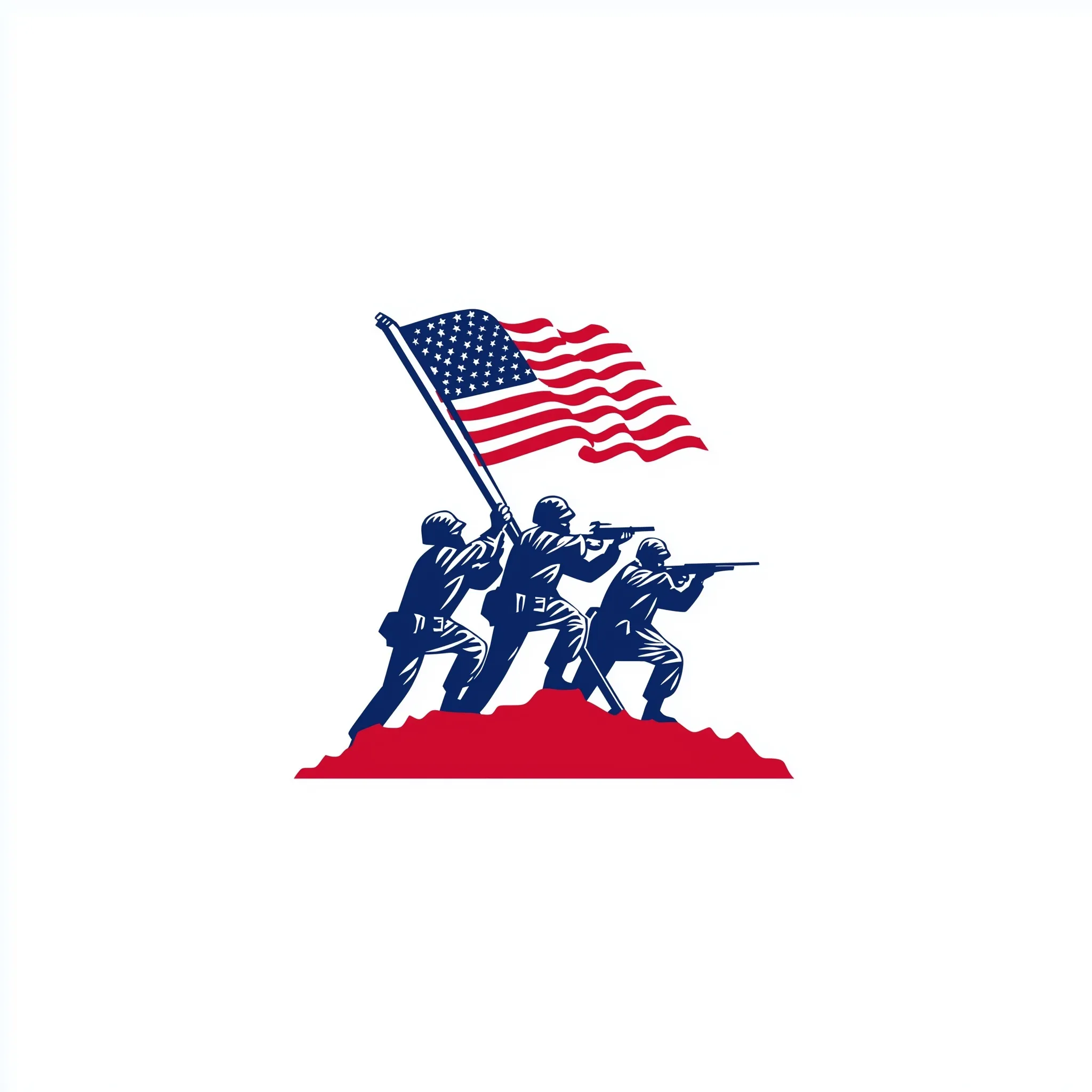 A graphic emblem featuring three soldiers firing rifles in front of an American flag on a white background.