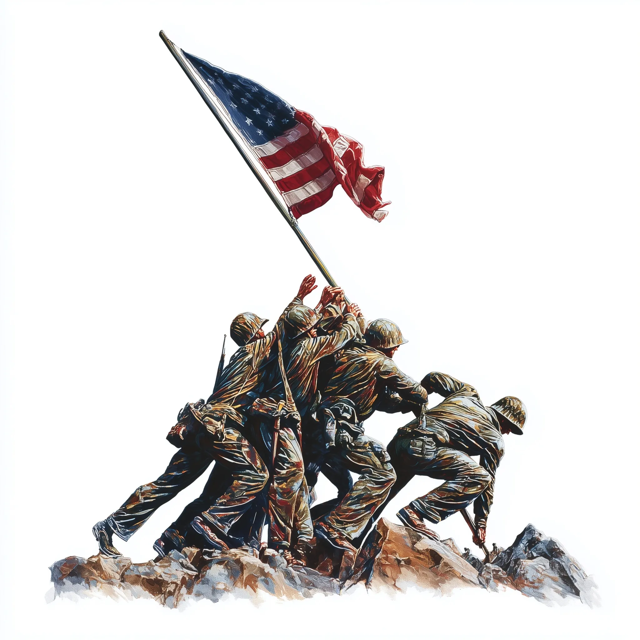 A colored painting of soldiers raising the USA flag at Iwo Jima isolated on a white background.