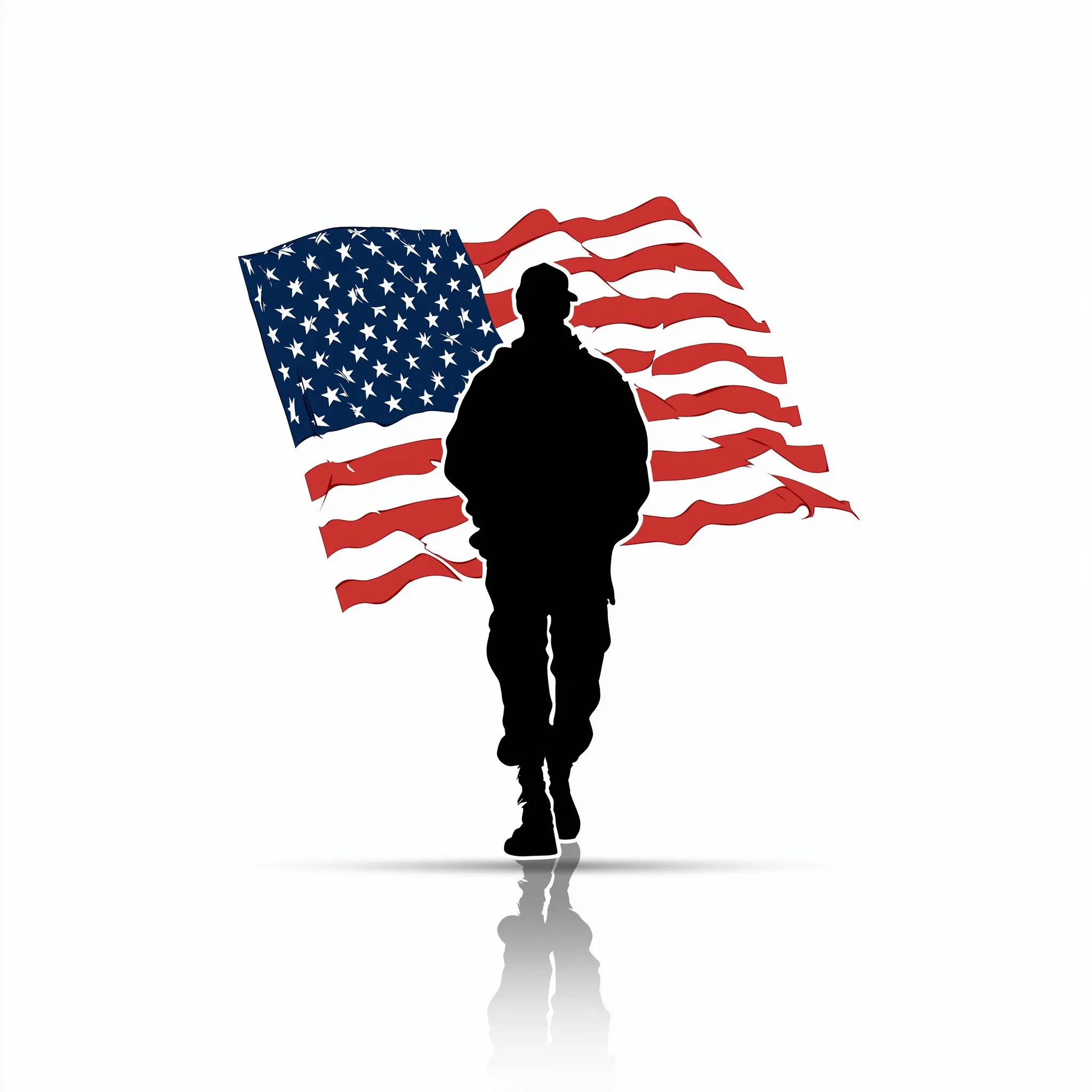 A simple silhouette of a veteran standing in front of an American flag, designed in a clean clipart style.
