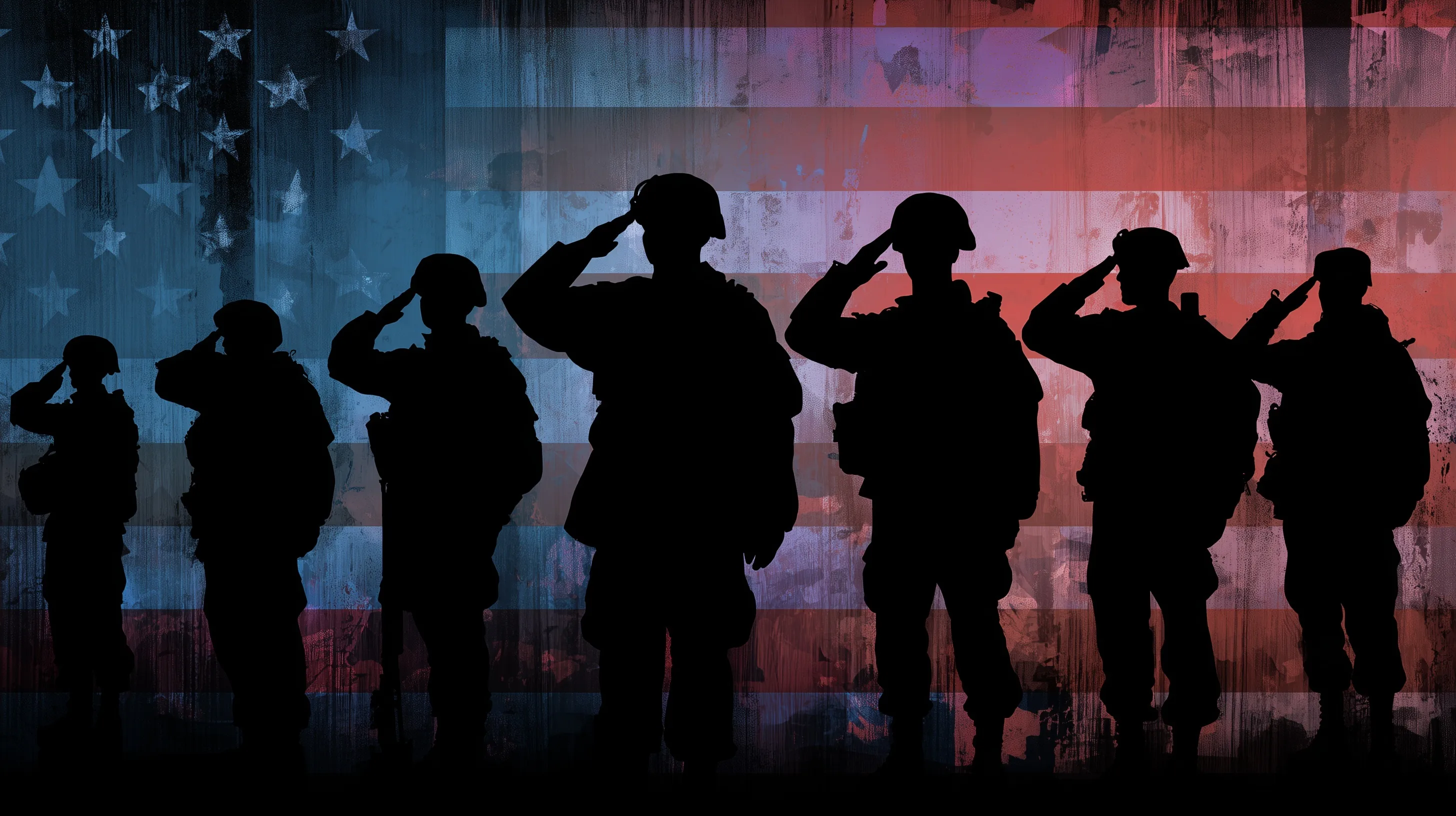 Silhouettes of soldiers saluting in front of a waving American flag banner to honor veterans and patriotism.