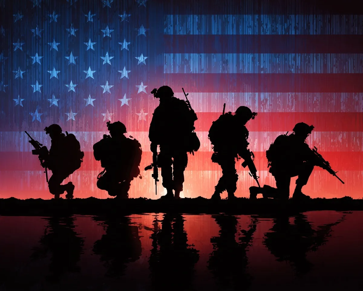 Vector silhouette of five soldiers with rifles standing before a large American flag.