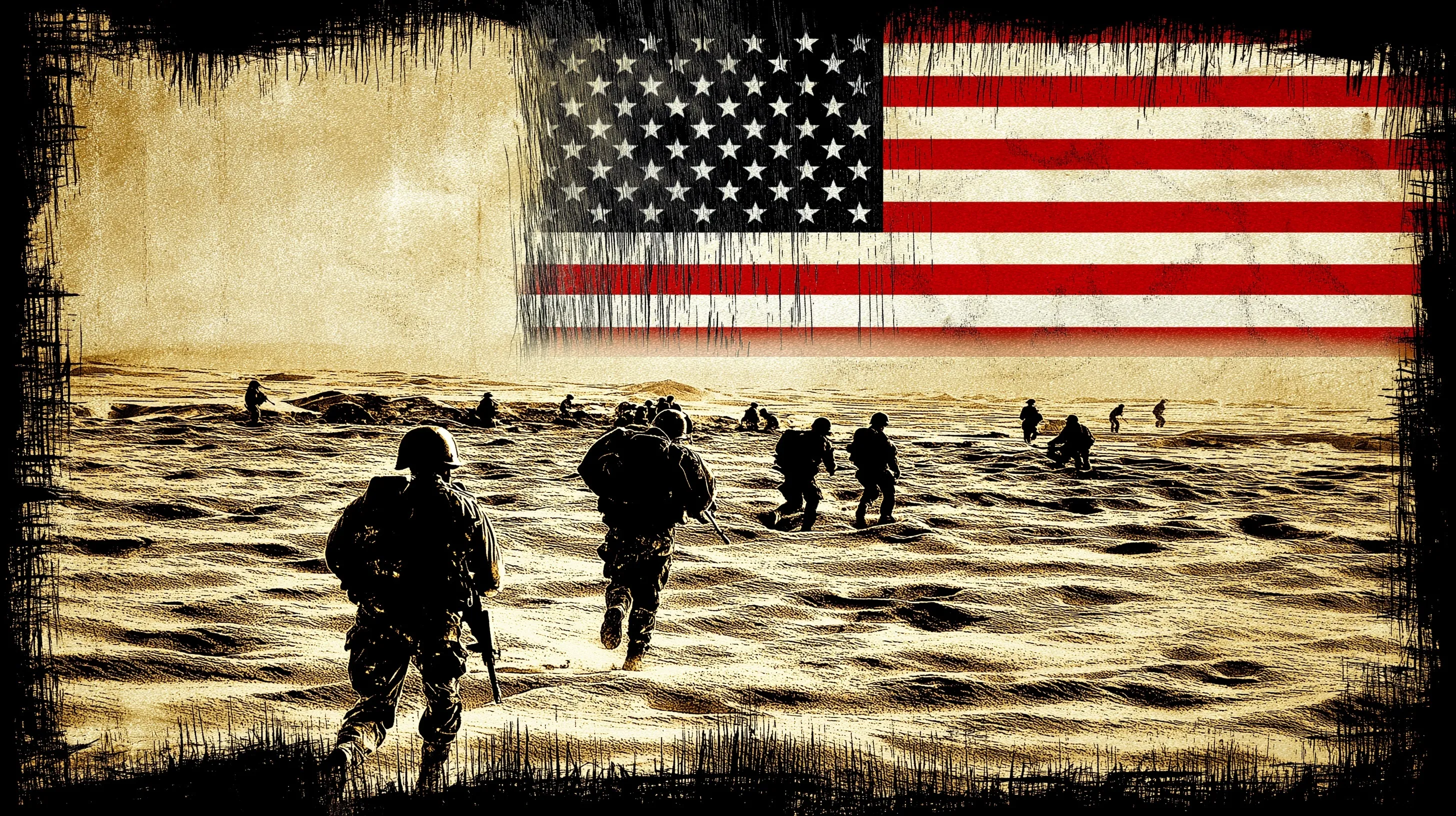 Soldiers on a battlefield breaking machine components with a large USA flag background, symbolizing patriotism.