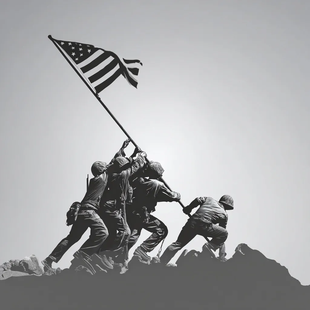 Silhouette of five soldiers raising a vibrant American flag on a rocky hilltop in a minimalist illustration.