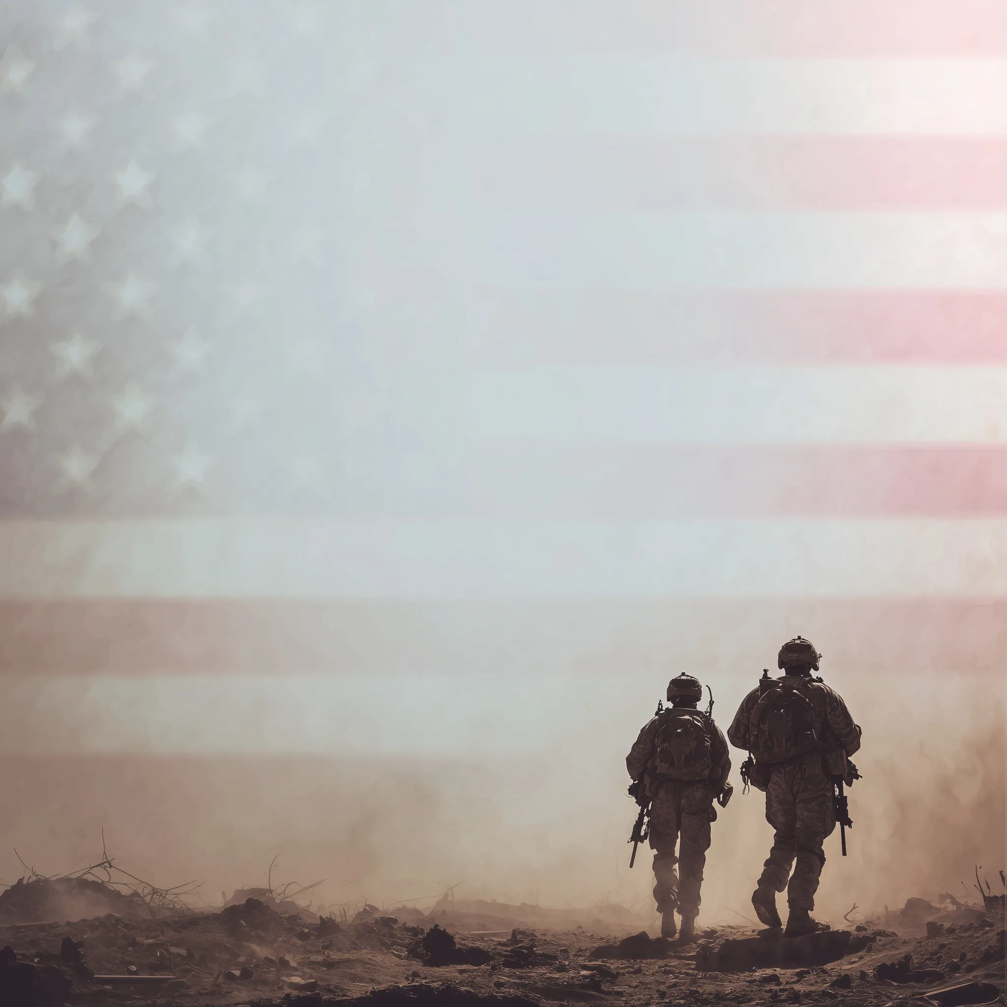 Soldiers standing in front of an American flag for National Day of the Deployed with copy space for text.
