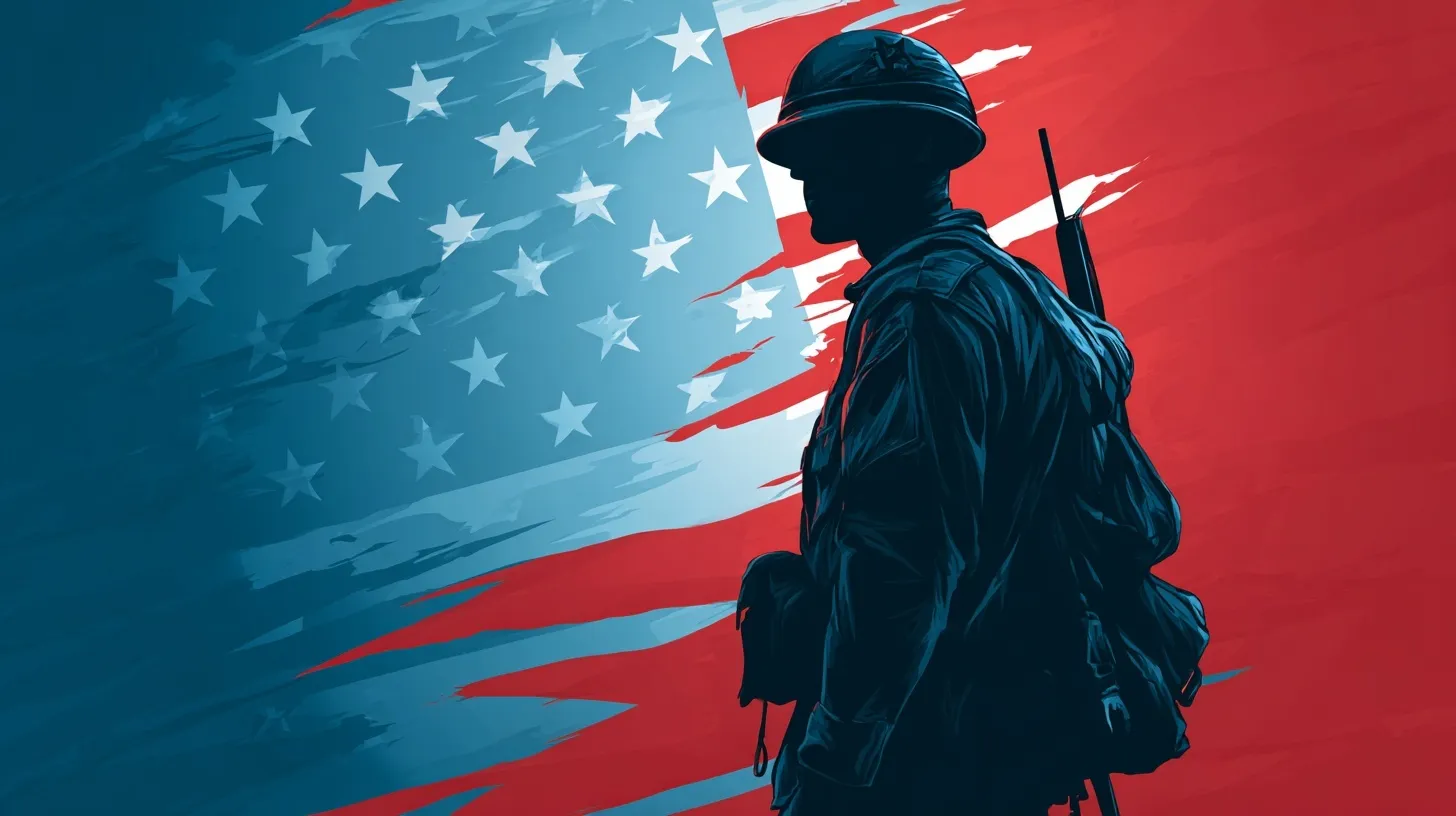 Soldiers standing in front of an American flag for a patriotic Veterans Day flyer graphic.