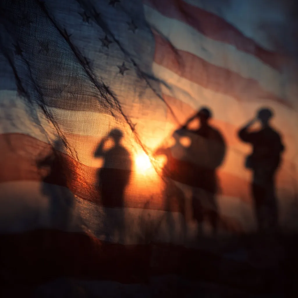 Silhouette of soldiers saluting against a soft, faded American flag background at sunset.