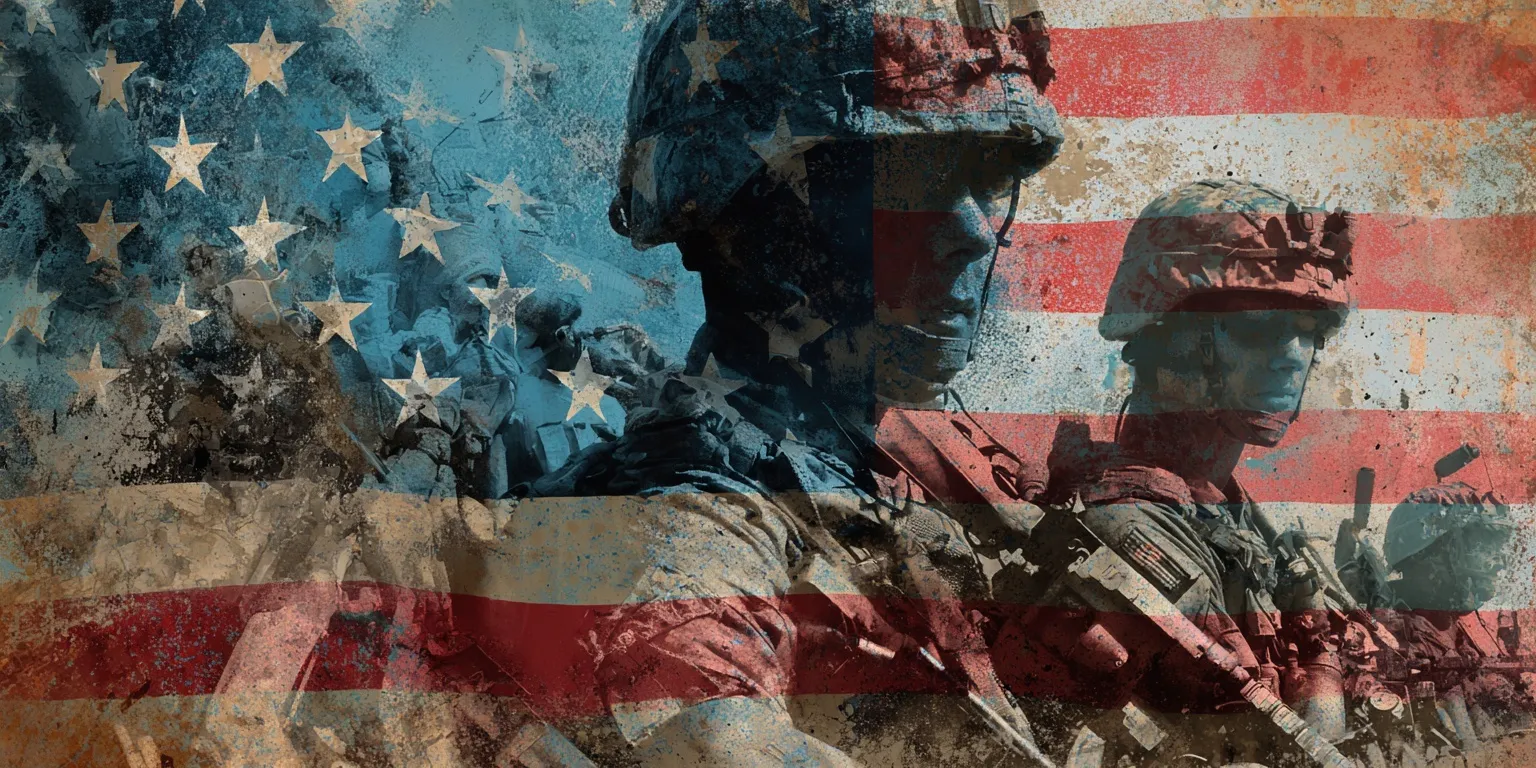 American flag background with patriotic military elements and soldier imagery in a propaganda poster style.