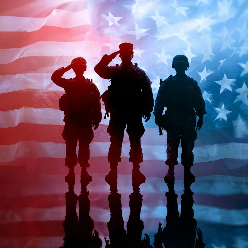 Silhouettes of Army, Navy, and Marine soldiers saluting against a shadowed American flag in red, white, and blue.