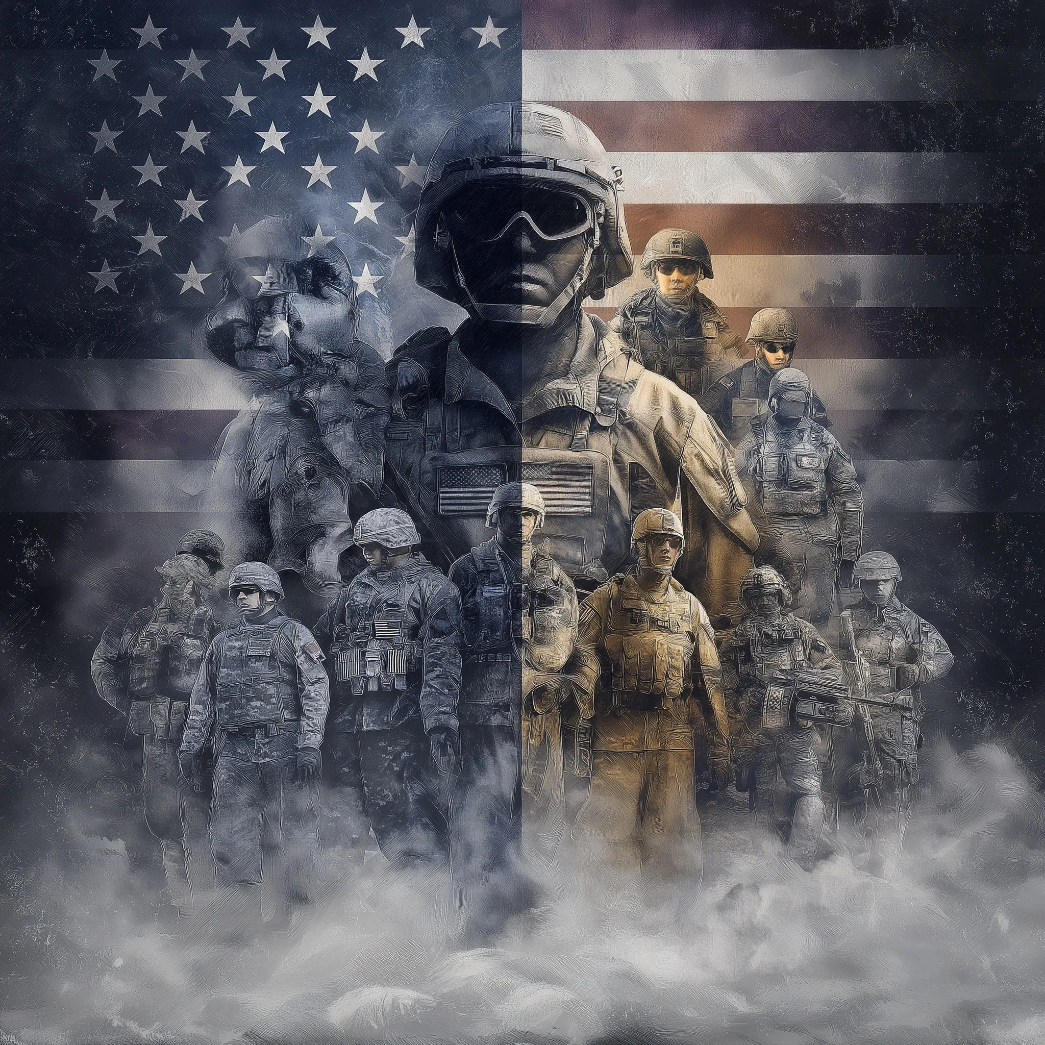 US military service members from all branches standing before an American flag with an inspiring veterans tribute.