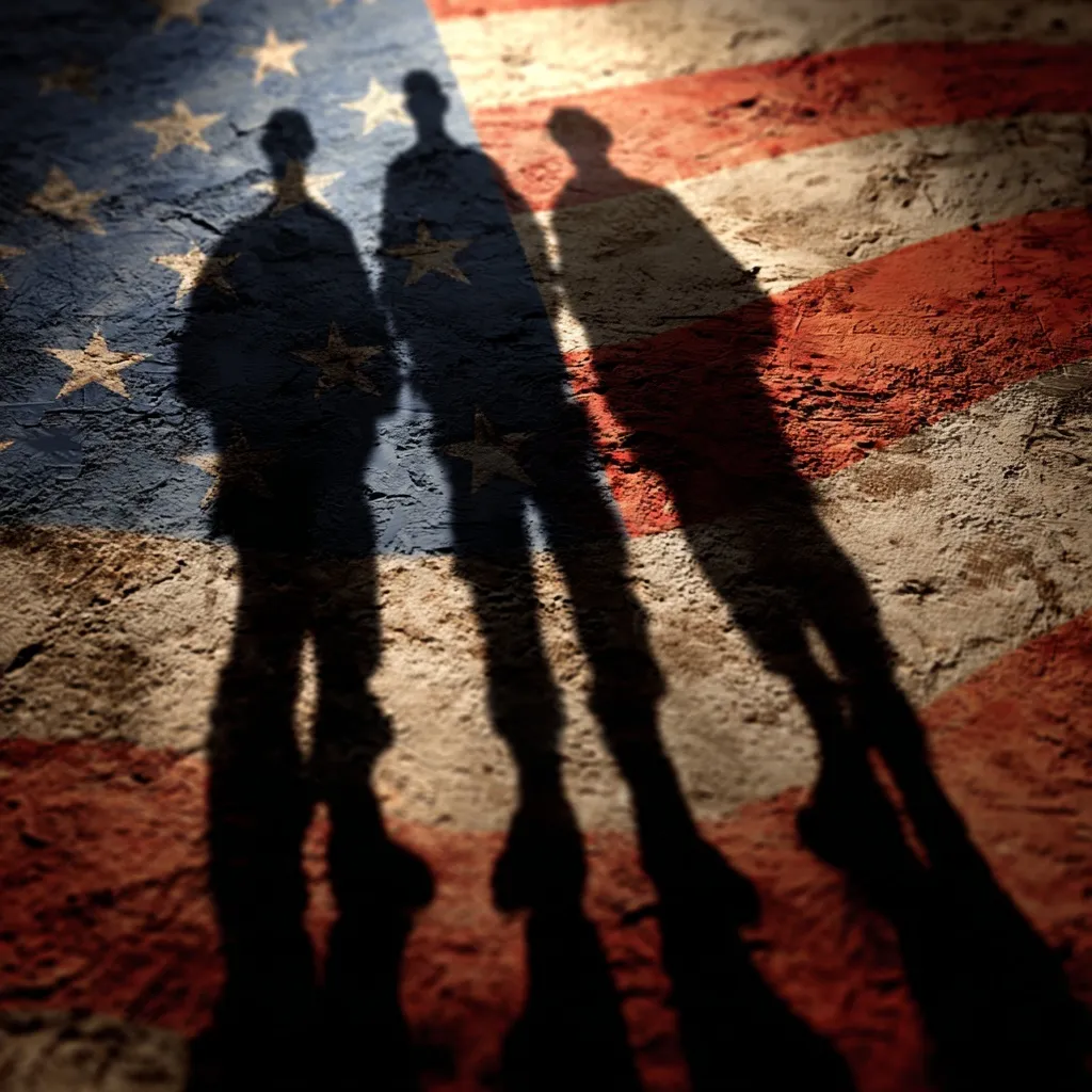 A US flag waving behind the shadow silhouettes of three American veterans for Veterans Day commemoration.