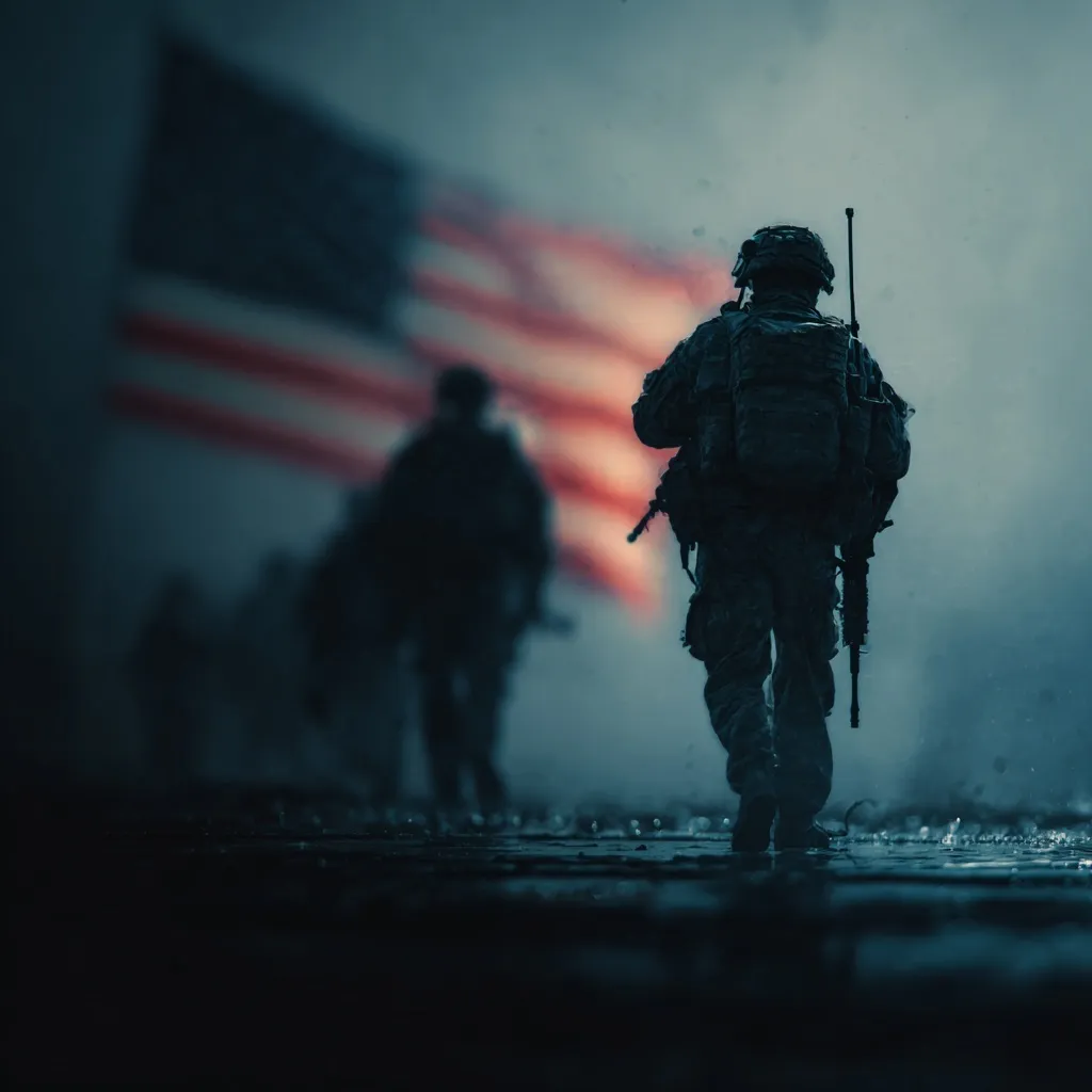 Soldiers standing in front of a USA flag, perfect for patriotic social media posts and veterans day tributes.