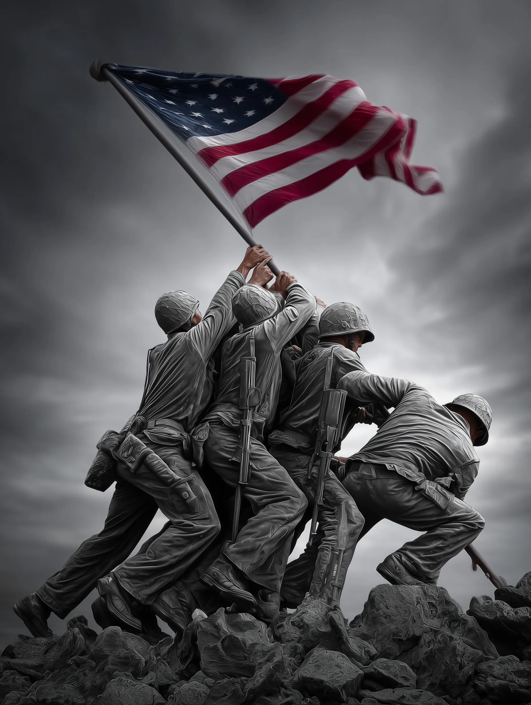 Soldiers raising an American flag on a rocky hill under a stormy sky, cinematic black and white with color flag.