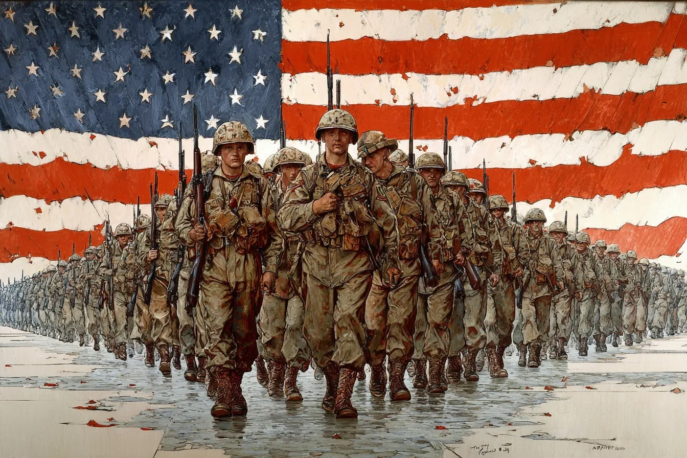 Soldiers marching on parade beneath an American flag in the classic Americana art style of Norman Rockwell.
