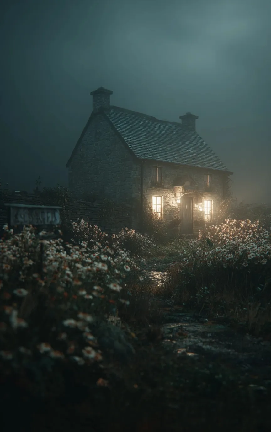 A moody, cinematic dark cottagecore stone cottage in a foggy English garden, perfect for iPhone 17 Pro wallpaper.