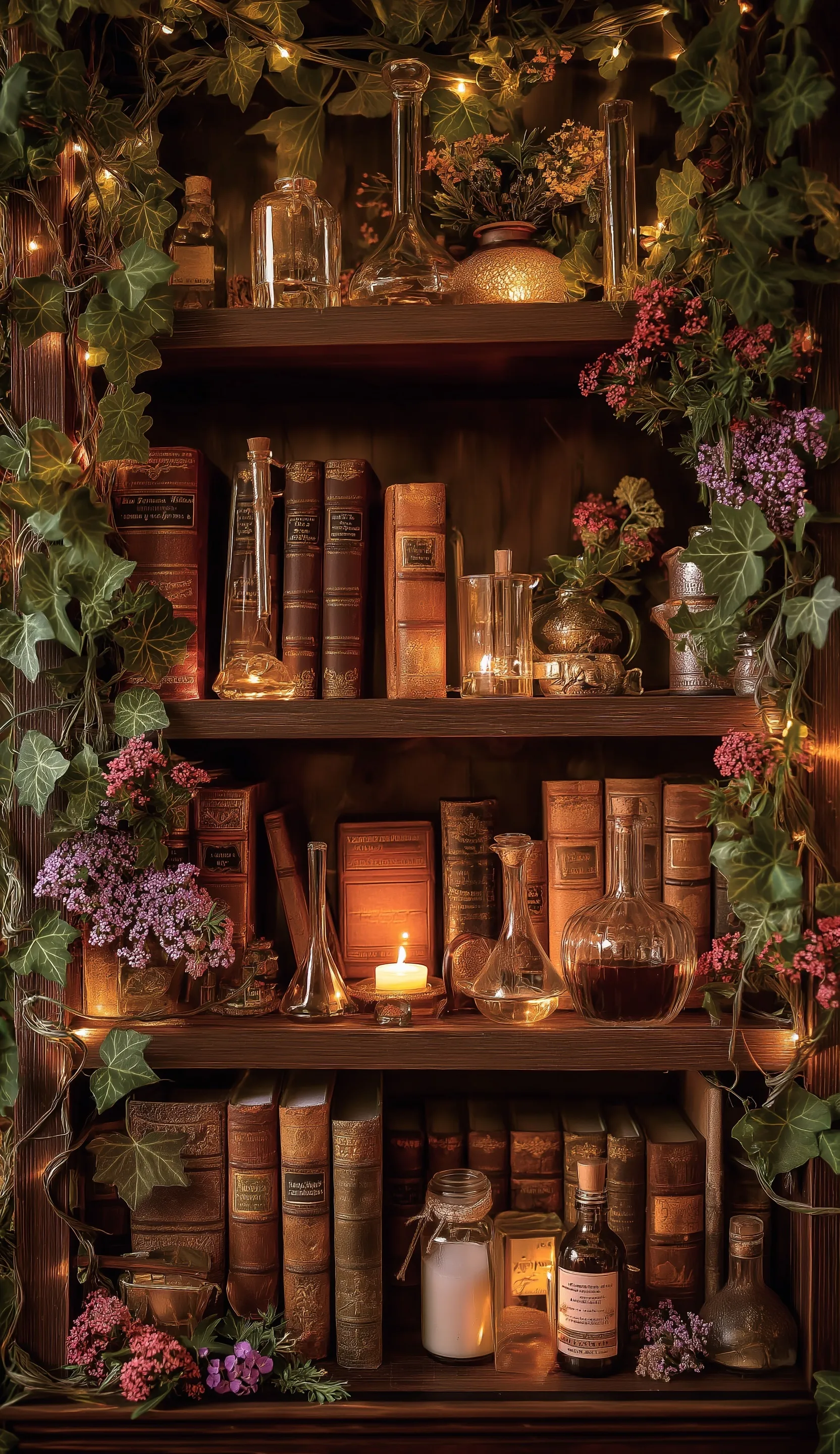 A moody woodland herbalist shelf with vintage books, potion flasks, and candlelight for iPhone 17 Pro wallpaper.