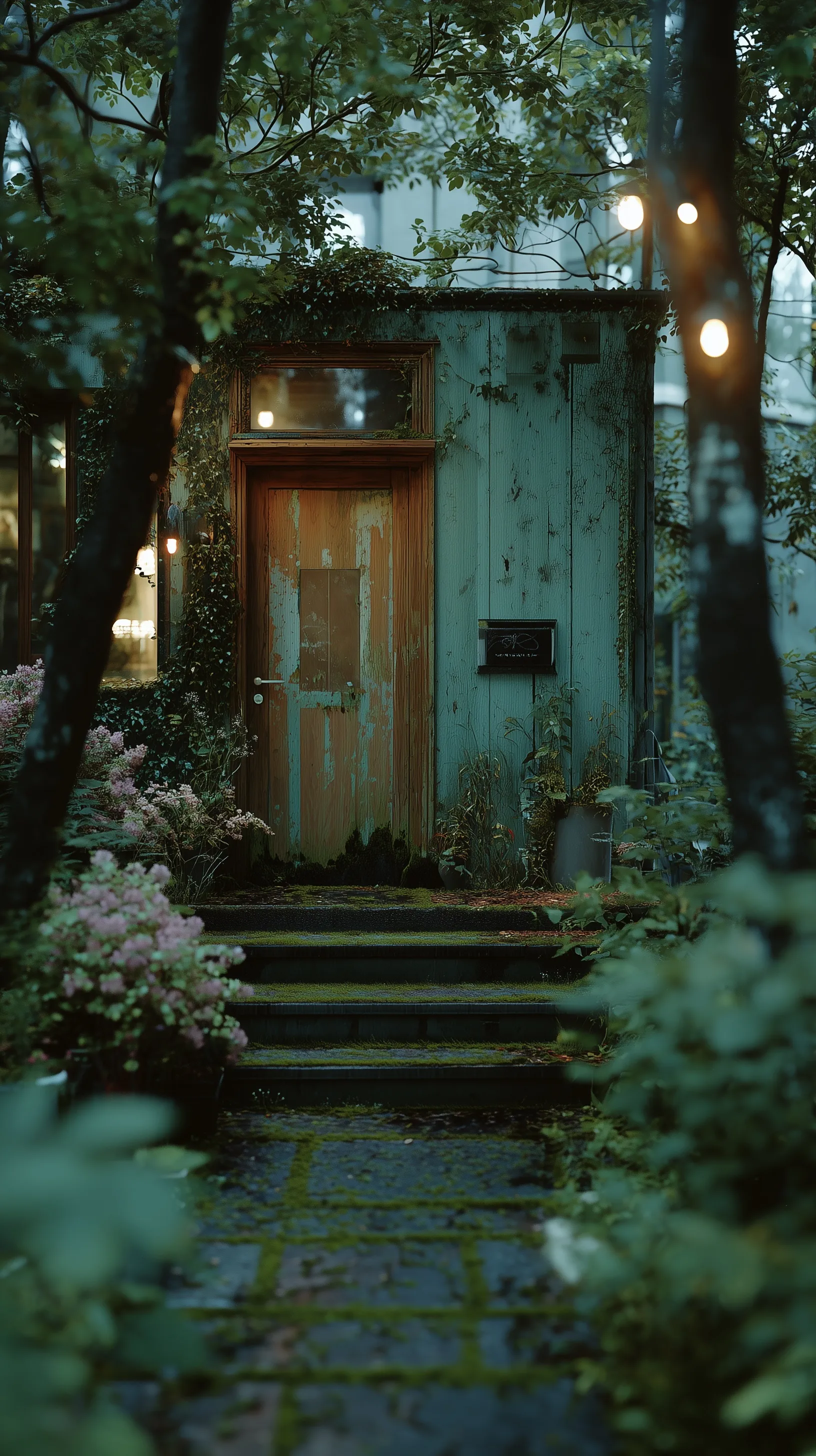 A cozy, mossy wooden door to a dark forest café at twilight, perfect for an iPhone 17 Pro cinematic wallpaper.