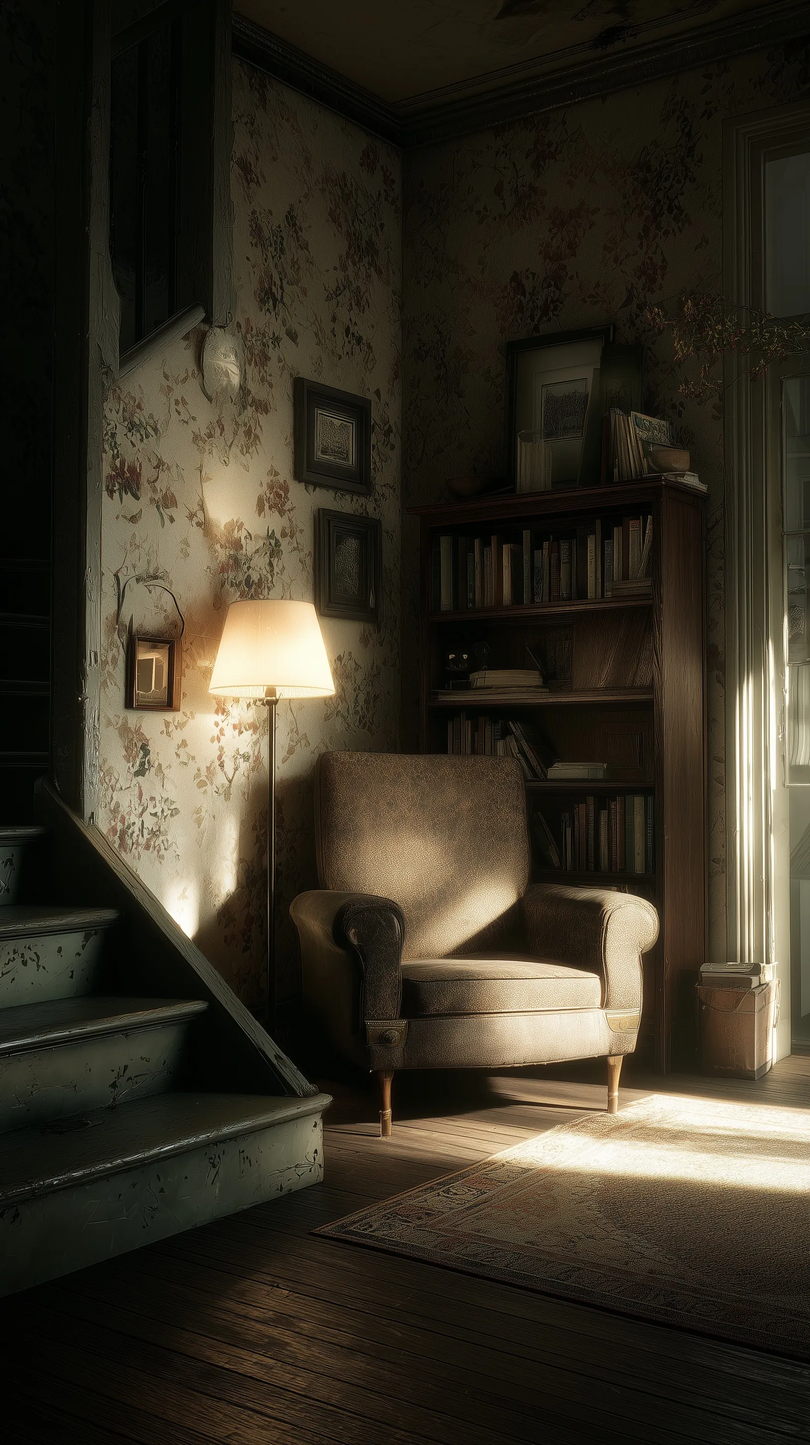 Cozy vintage dark cottagecore living room in an old English house with 1960s furniture and warm moody lighting.