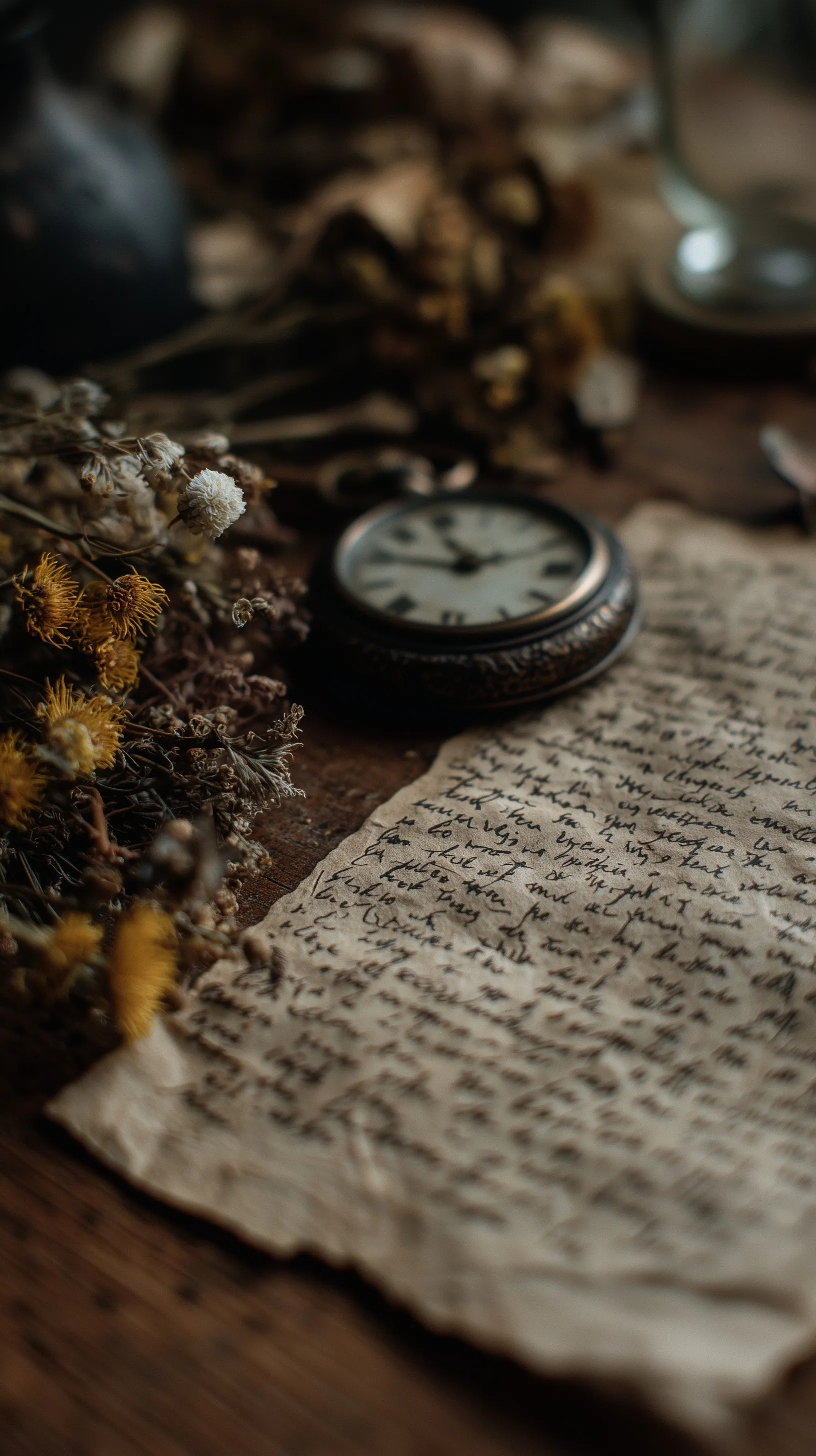 Moody vintage cottagecore aesthetic with a handwritten poem, dried flowers, and clock for iPhone 17 Pro wallpaper.