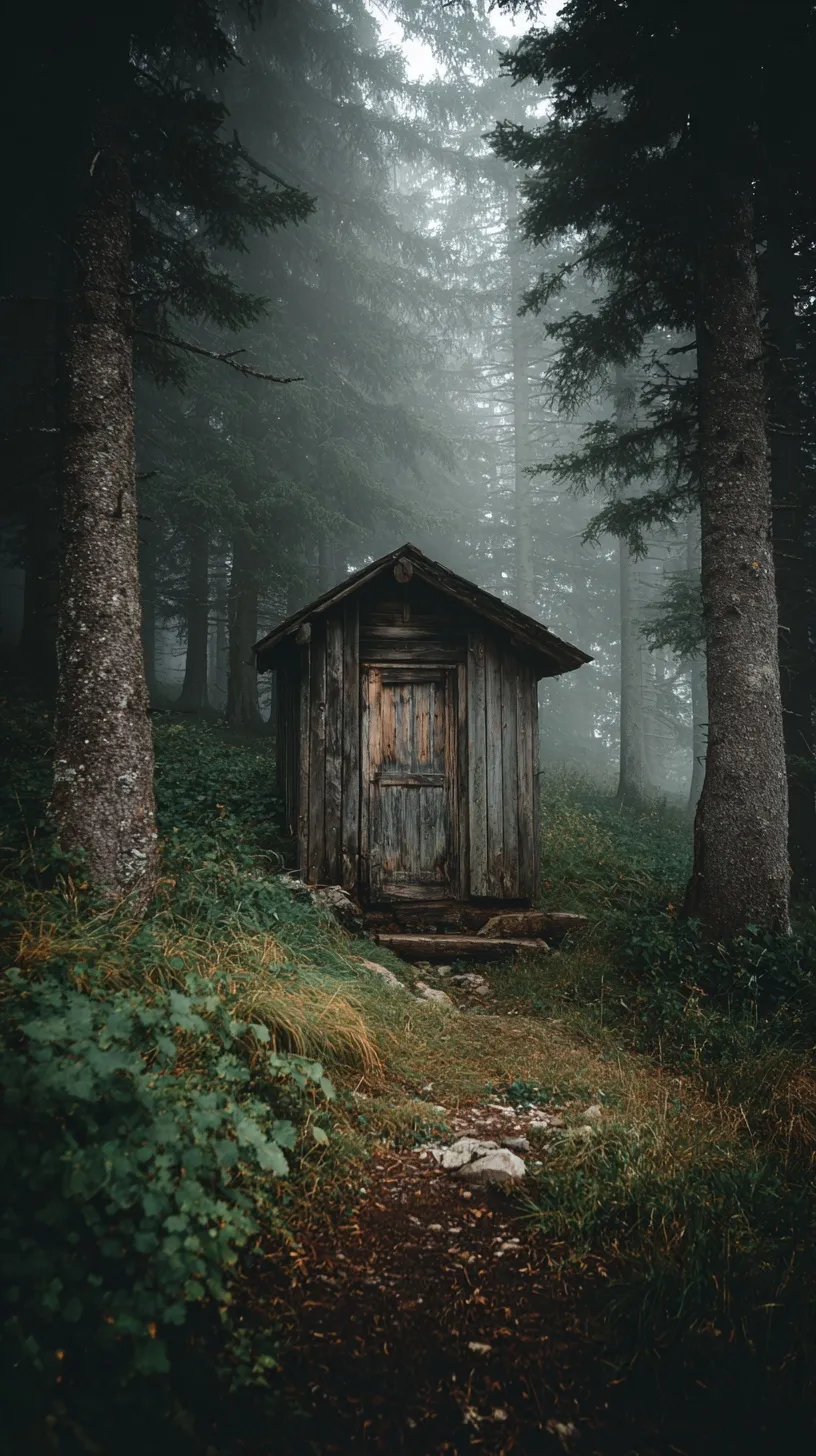 A moody, fog-covered vintage wooden cabin in a dark forest, perfect for a cottagecore aesthetic iPhone wallpaper.