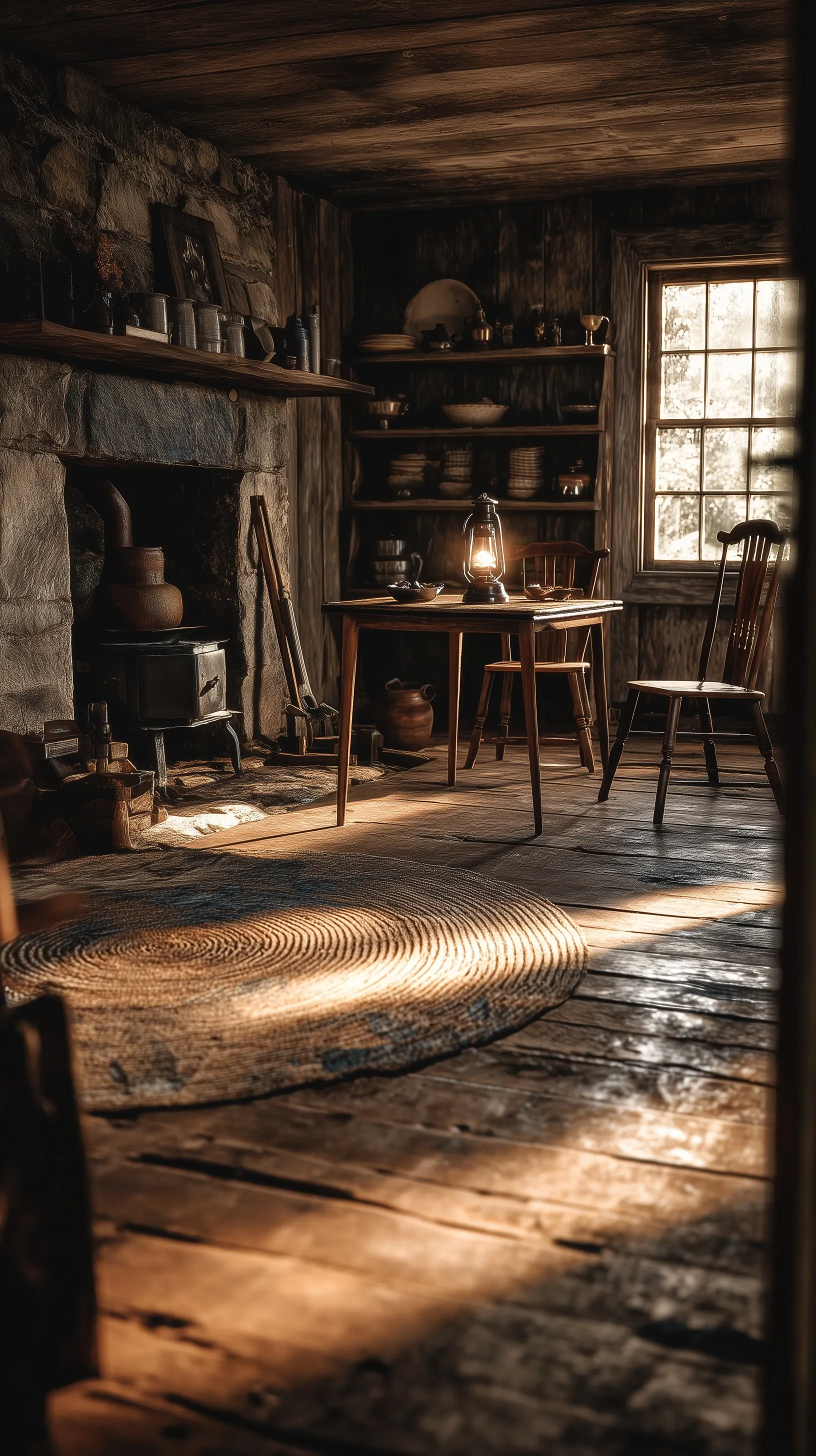 Moody vintage 1800s farmhouse interior with rustic stone fireplace and soft sunlight, cinematic cottagecore aesthetic.
