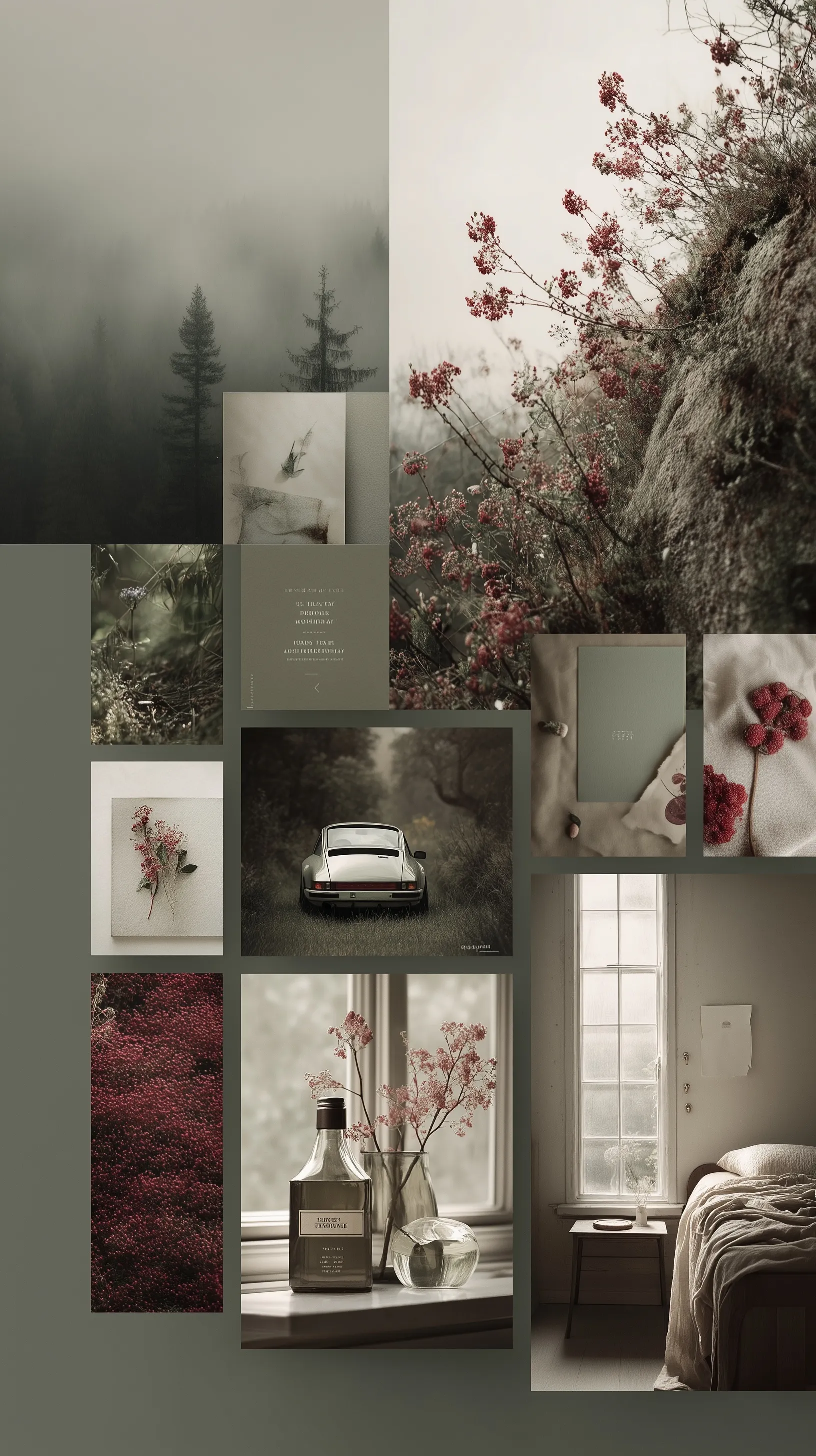 Moody cottagecore Instagram feed mockup with vintage forest scenes, strawberry red accents, and cinematic lighting.