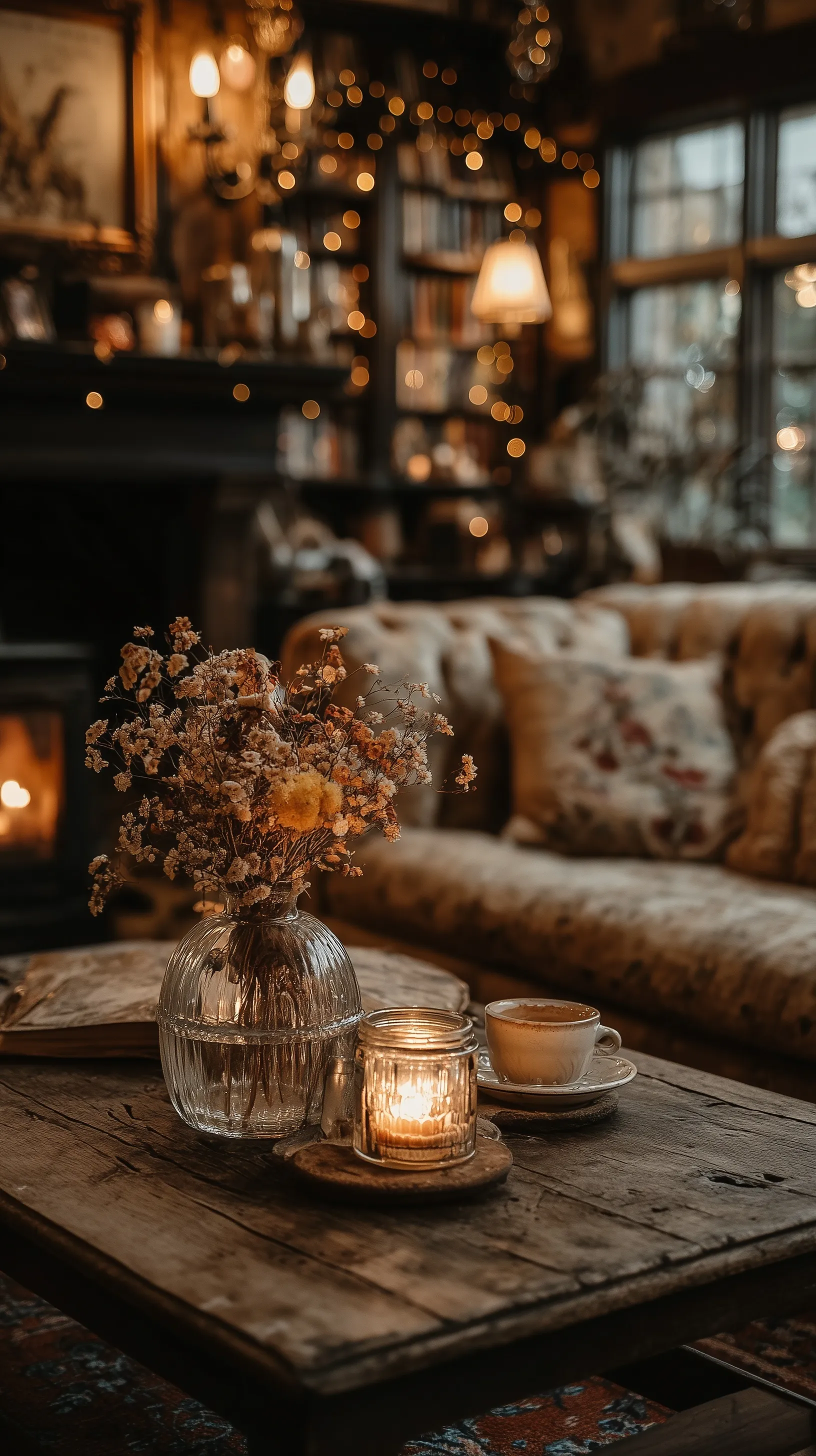 Close-up of cozy autumn decor in a vintage Cotswold lounge, dark moody cottagecore aesthetic for mobile background.