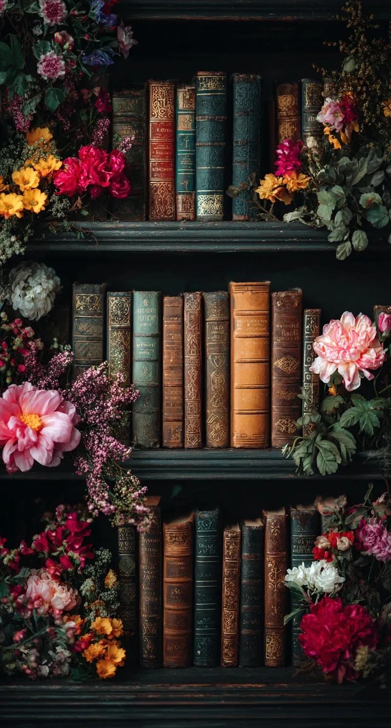 Vintage dark moody bookshelf with flowers, aesthetic cottagecore wallpaper for iPhone 17 Pro.
