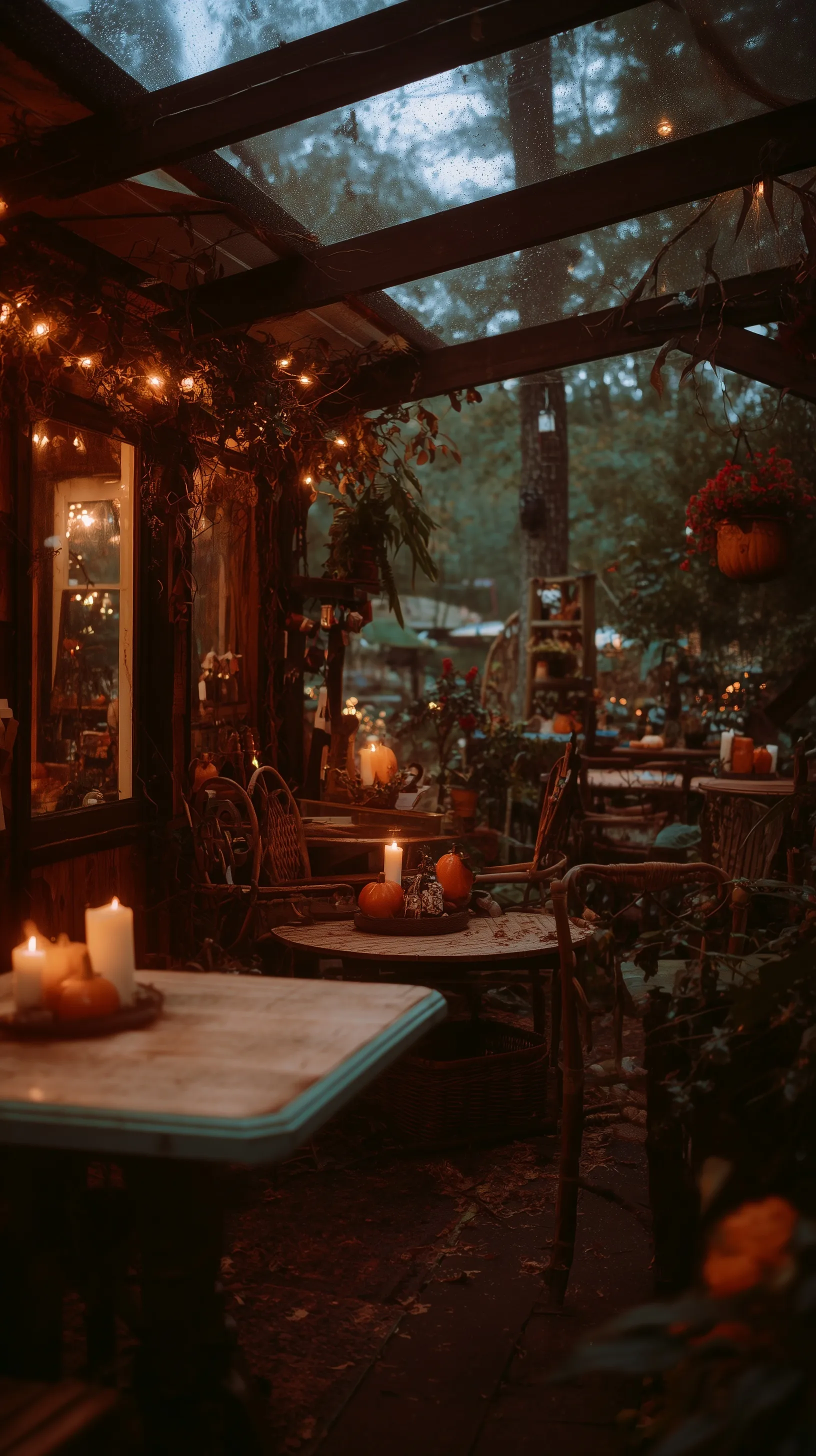Moody vintage witch cafe interior in a forest at night for iPhone 17 Pro wallpaper, cinematic autumn aesthetic.