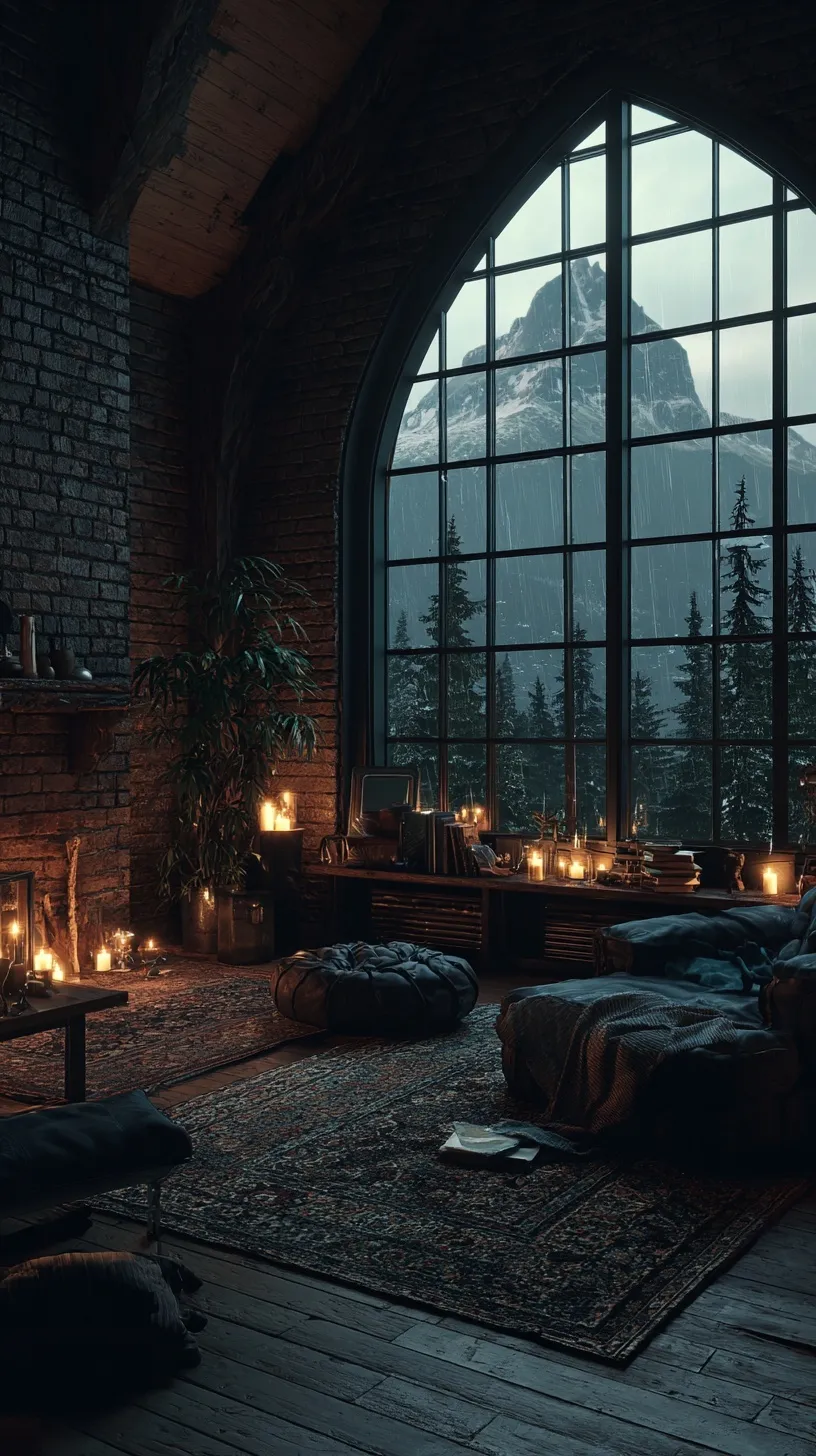 Cozy luxury loft in a stormy Scottish forest with mountain views, candlelit brick and wood aesthetic at night.