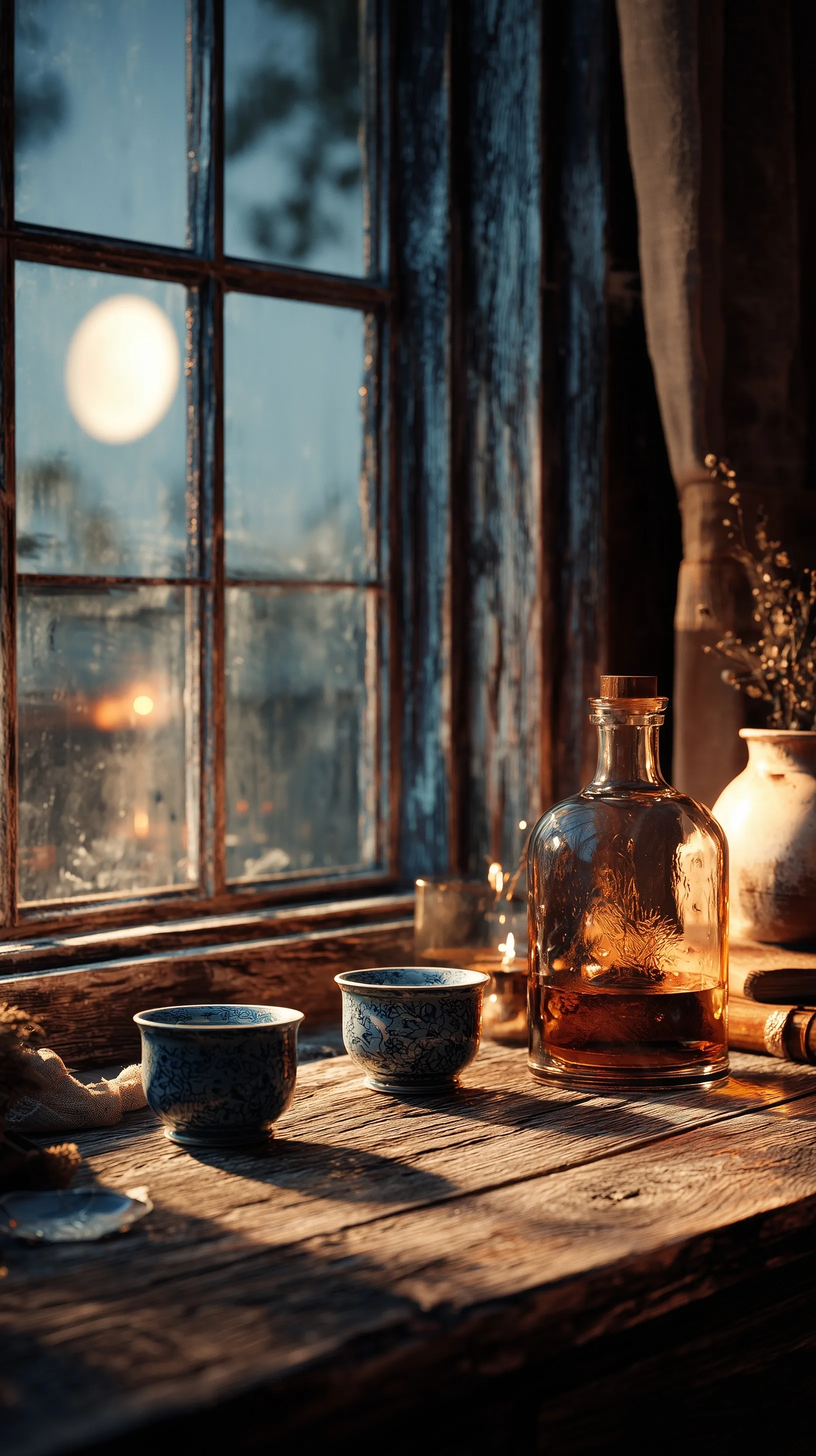Vintage wooden table with ceramic liquor cups by moonlight for iPhone 17 Pro dark cottagecore wallpaper.
