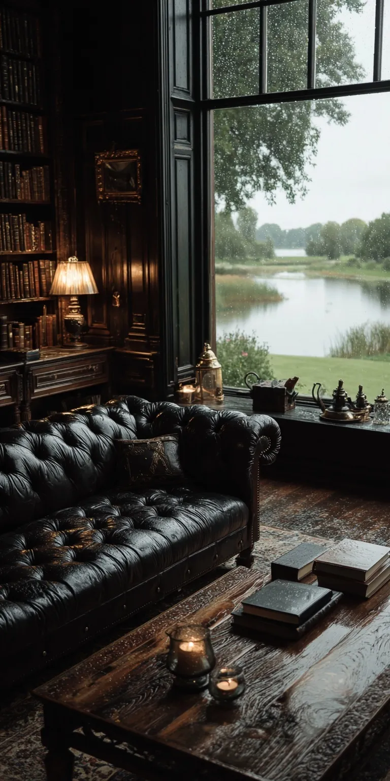 Dark academia aesthetic room with sofa and lake view during rain, perfect for iPhone 17 Pro moody cottagecore wallpaper.