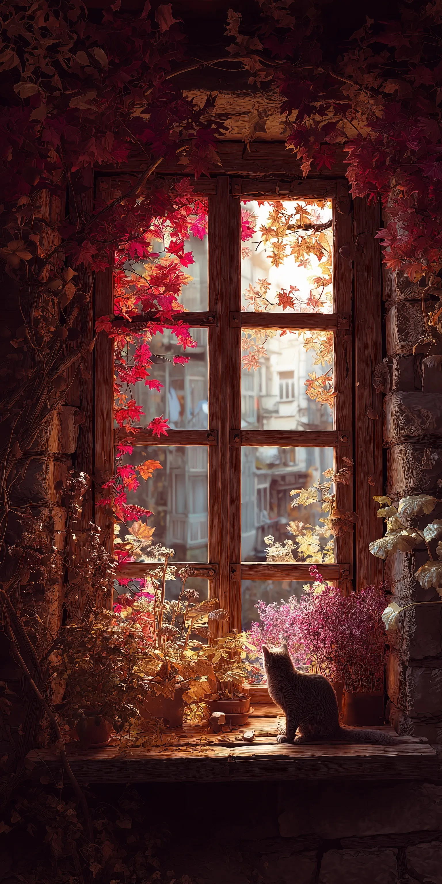 Cozy vintage cottagecore window with autumn flowers, a cat, and sunset, perfect for iPhone 17 Pro wallpaper.