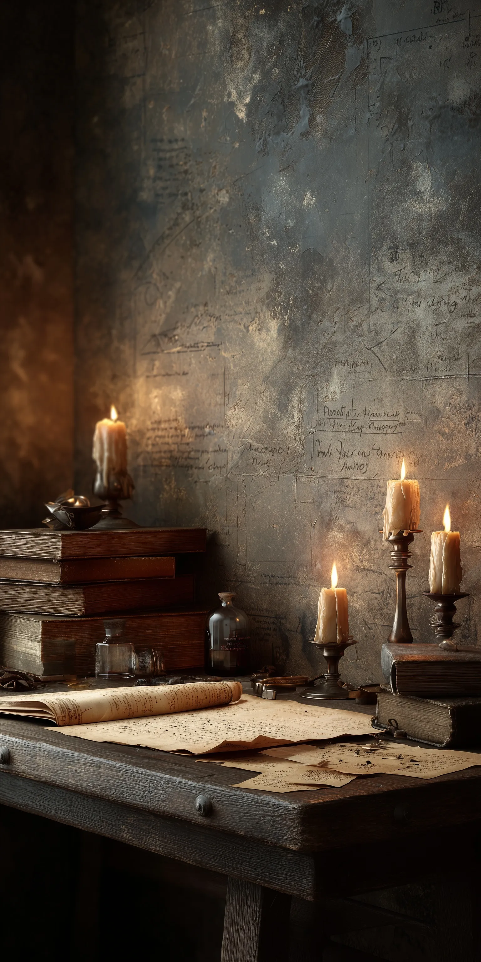Dark academia vintage study nook with candles, open books, and parchment texture for iPhone 17 Pro wallpaper.